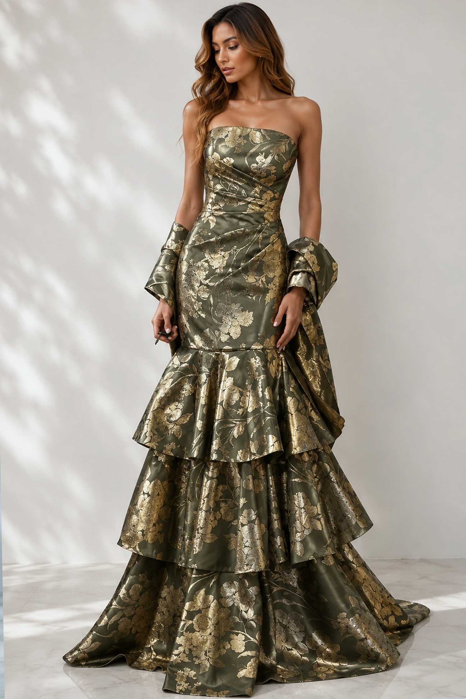 Jovani 49031 Metallic Jacquard Tiered Ruffle Dress