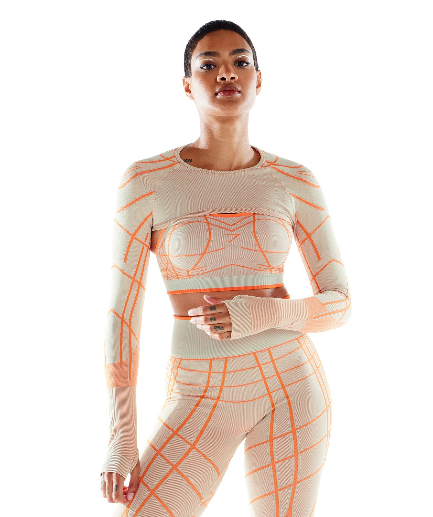Gymshark Wtflex Linear Seamless Long Sleeve Shrug - Pebble Grey/Tokyo Orange/Coconut White