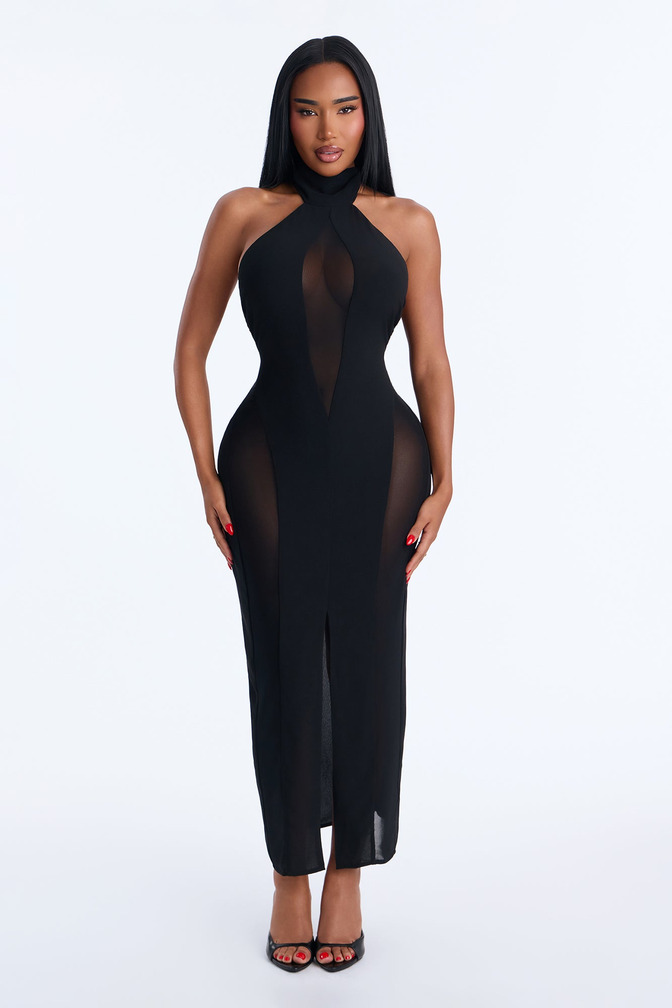 Sultry Sexy Sheer Mesh Halter Midi Dress - Black