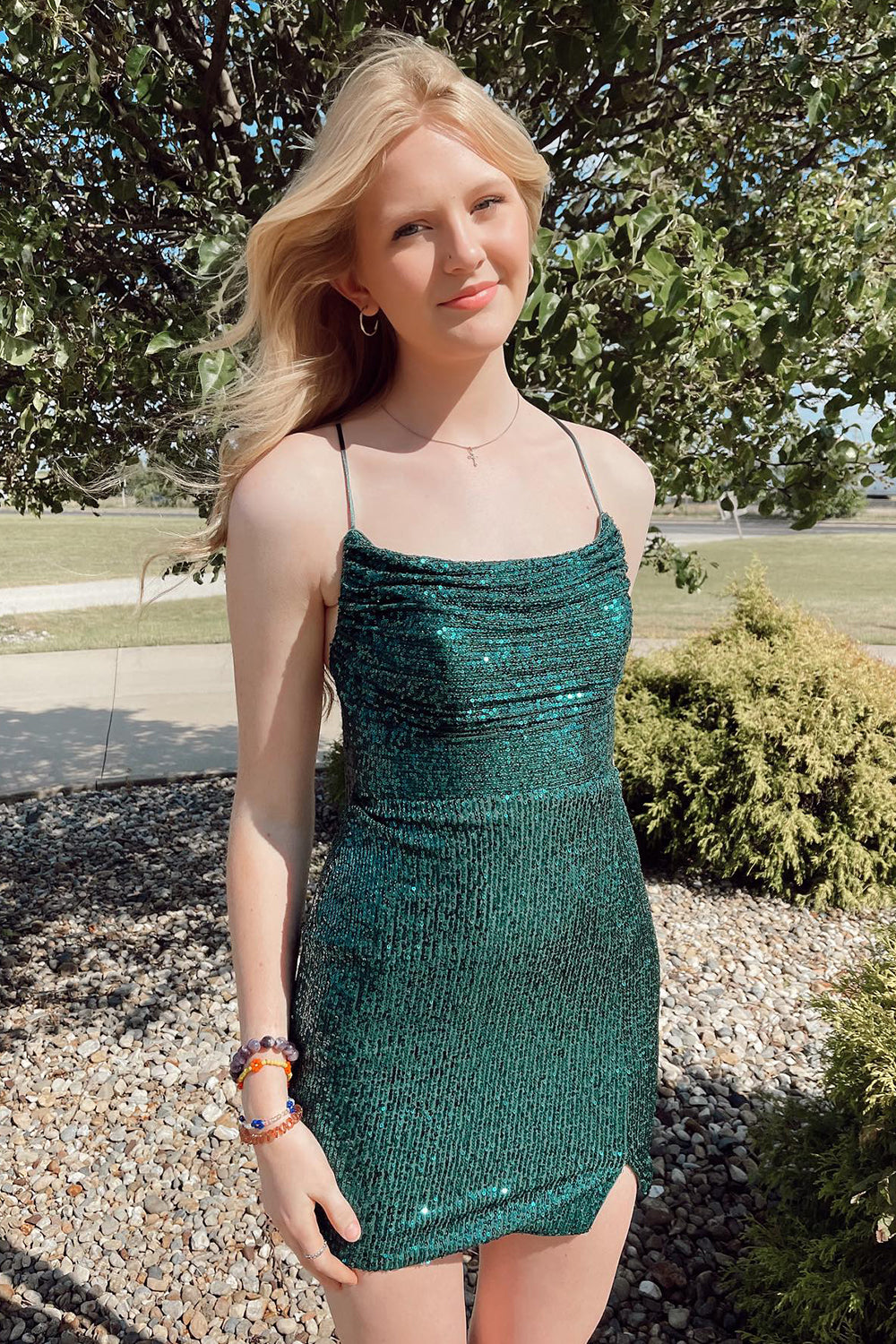 Sparkly Dark Green Sequins Lace-Up Back Tight Short Homecoming Dress/Mini Dress with Slit