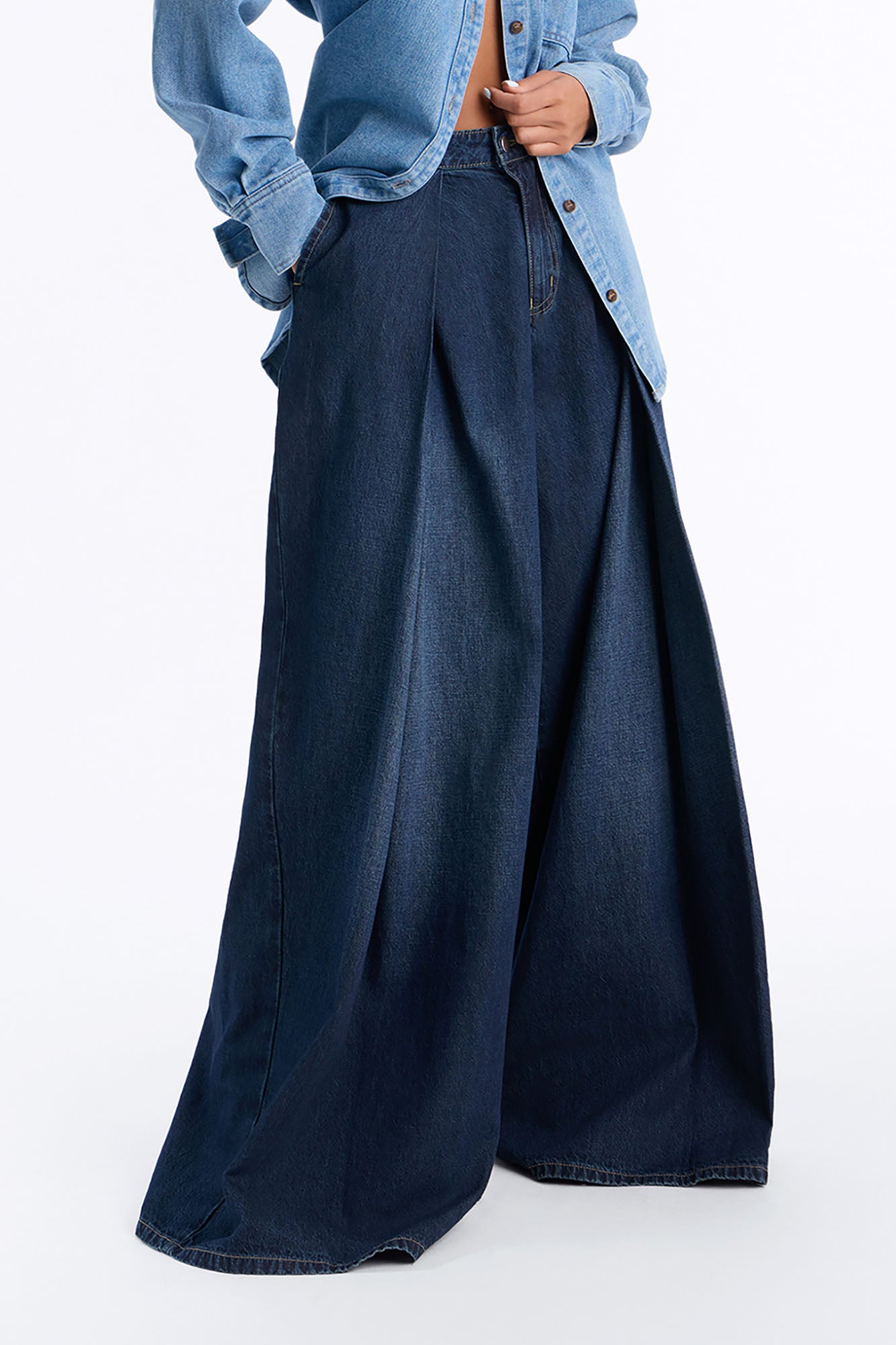 Serving You High RIse Overlay Wide Leg Jeans - Dark Wash