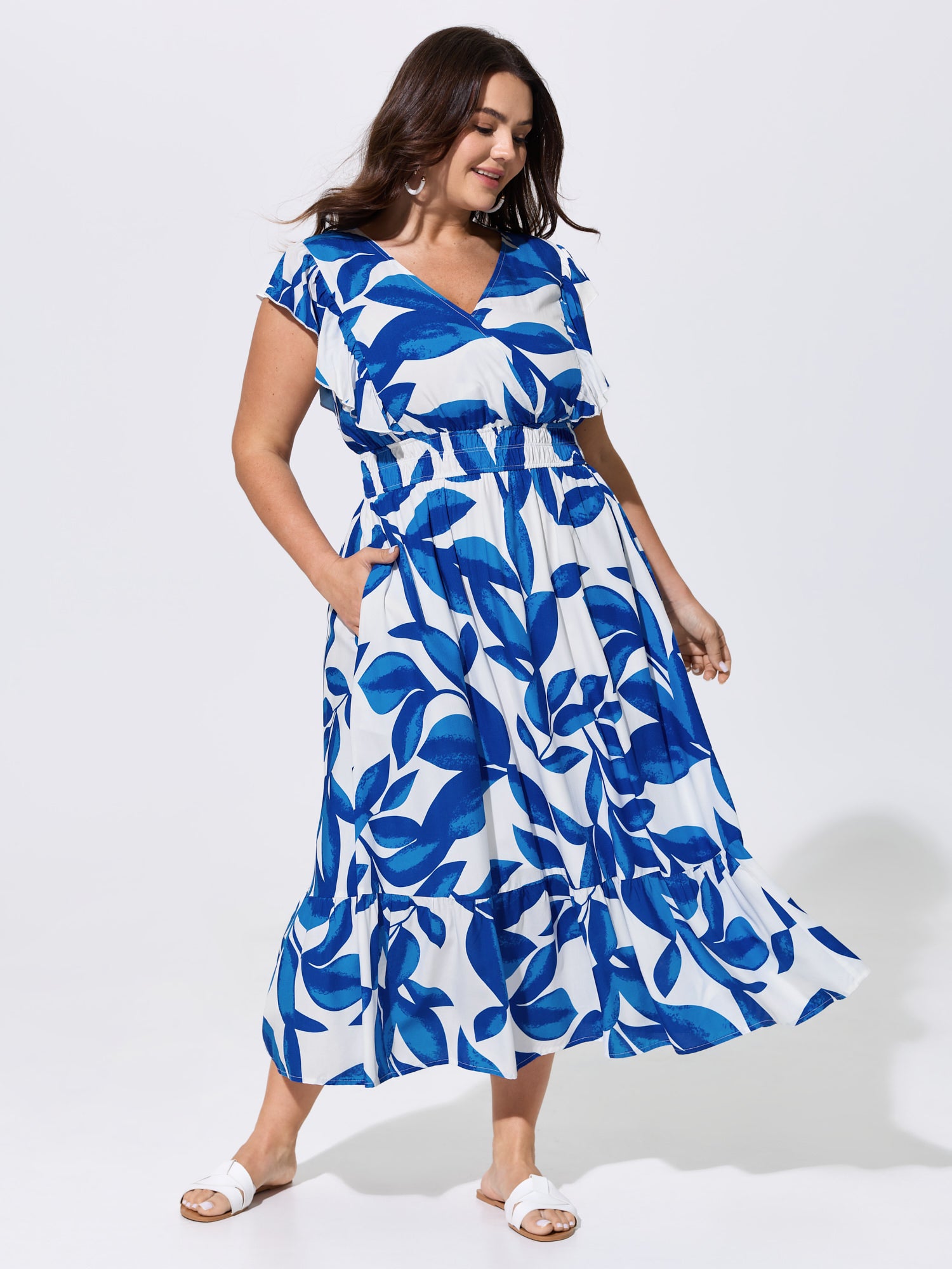 Supersoft Floral Print Ruffled Cinched-Waist Midi Dress