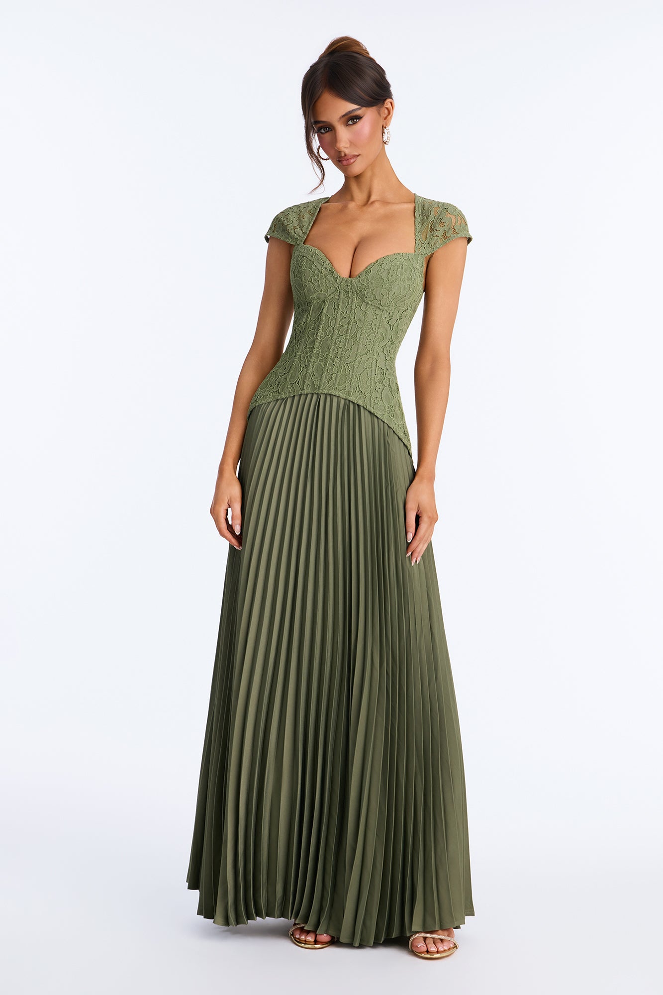 Daniella Lace Cap Sleeve Maxi Dress - Olive