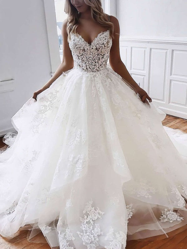 Glamorous V-Neck Backless Lace Chapel Train Wedding Dresses with Cascading Ruffles