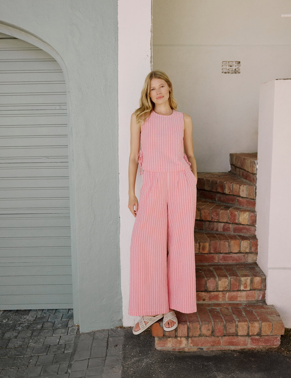Pink Pinstripe Wide Leg Trousers