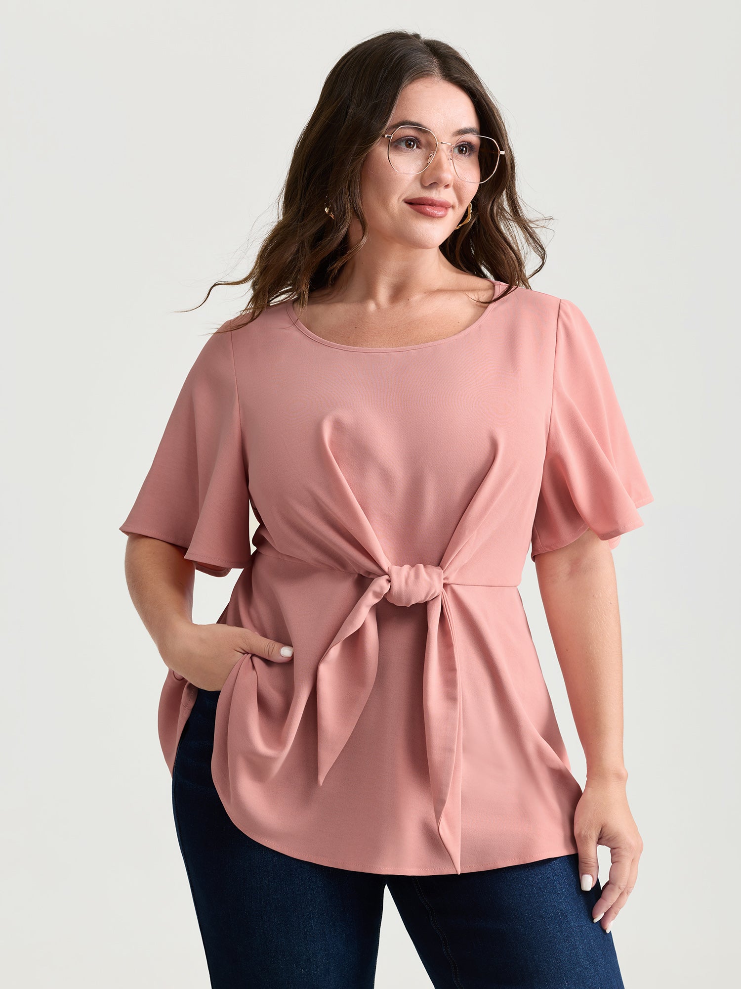 Cinched-Waist Knotted Plain Blouse