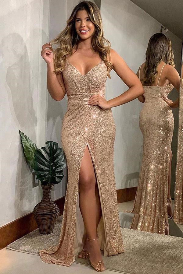 Spaghetti-Straps Evening Dress With Slit Sequins