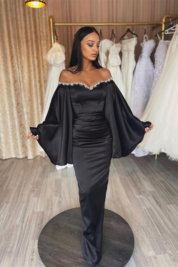 Black Ruffle Sleeves Mermaid Long Evening Dress With Beads