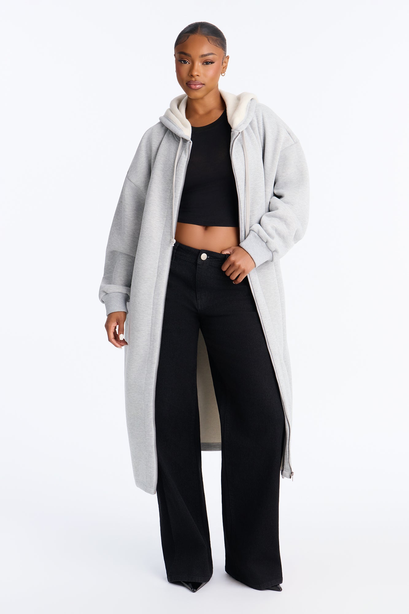 Sunday Lounge Fleece Hooded Long Jacket - Heather Grey