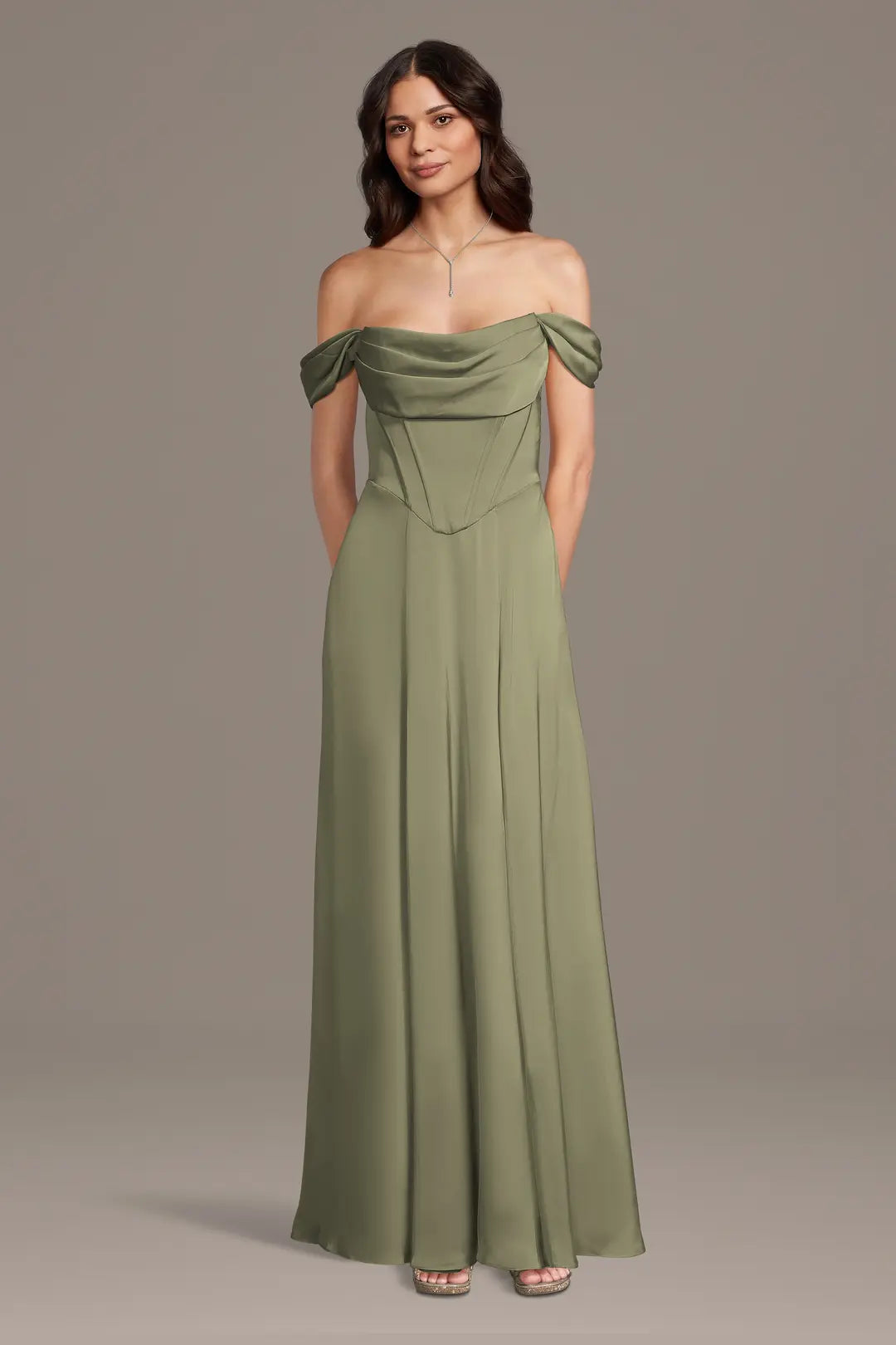 Matte Satin Basque Waist Off-the-Shoulder Dress