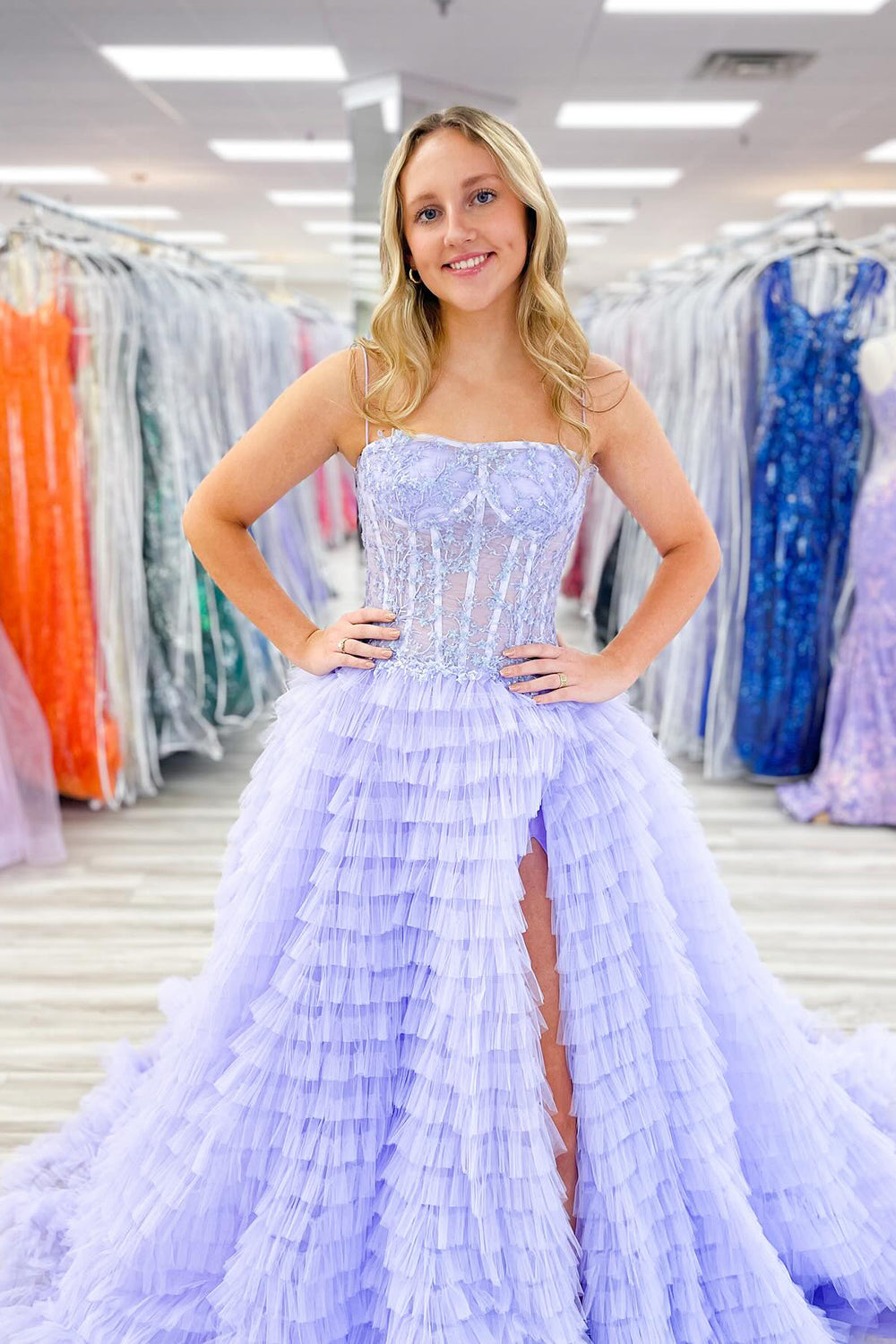 Long Corset Prom Dress in Lilac with A-Line Silhouette and Tiered Tulle Featuring Spaghetti Straps