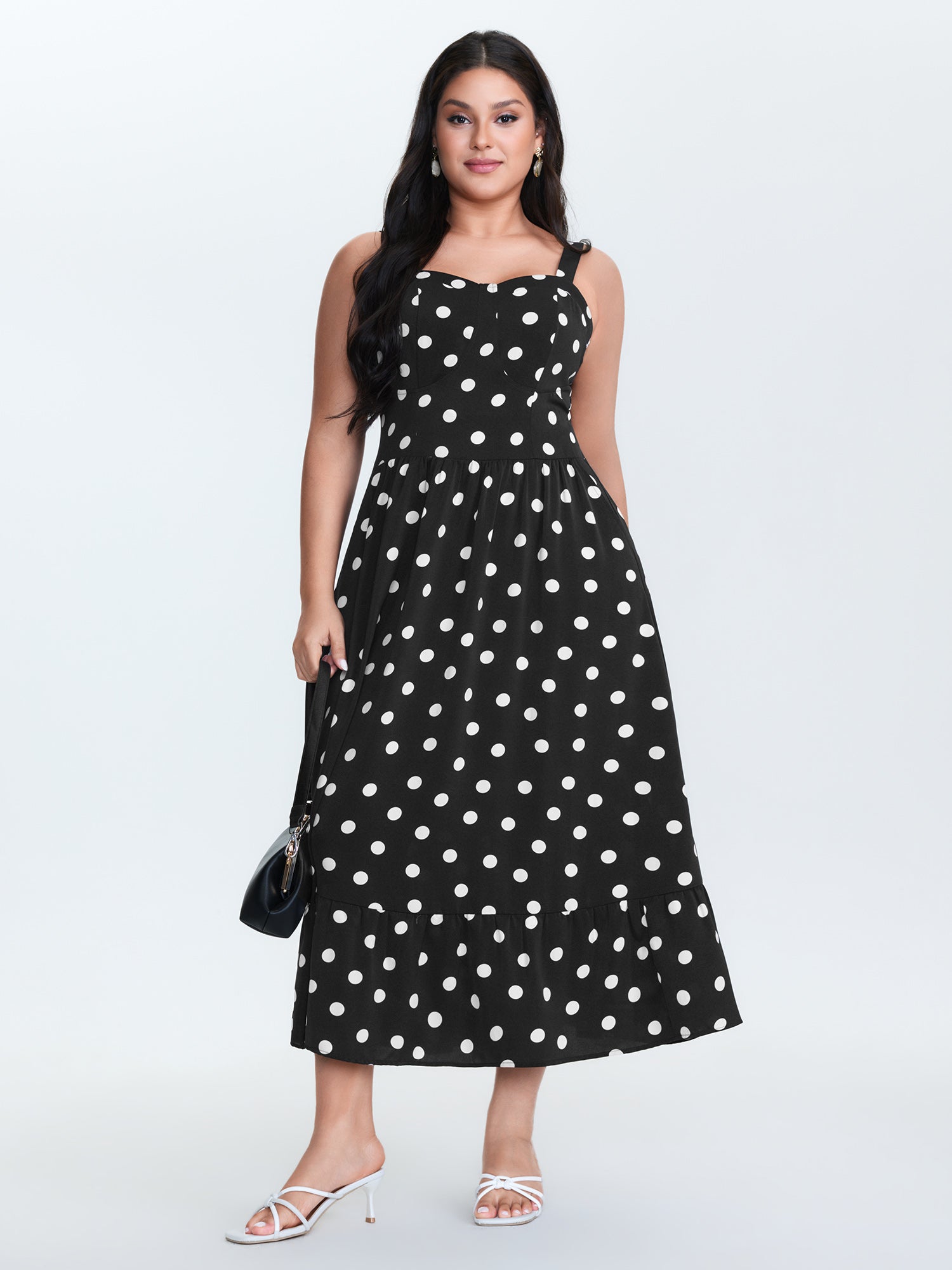 Polka Dots Sweetheart Neckline Shirred Maxi Dress
