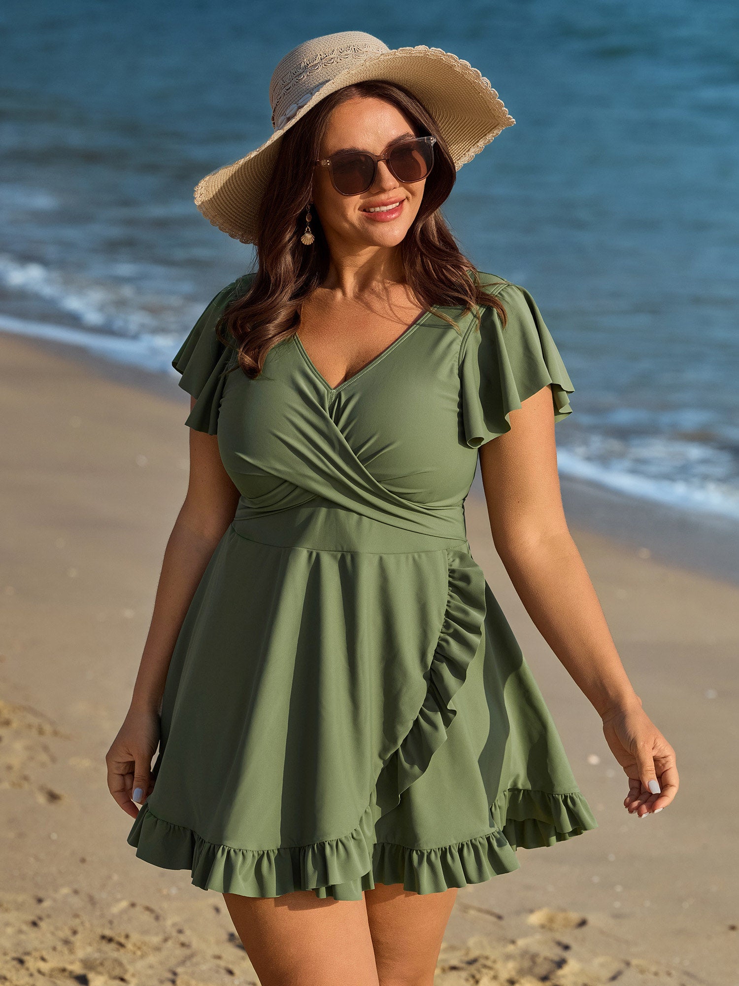 Ruffled Sleeve Curvy Hem Swim Dress