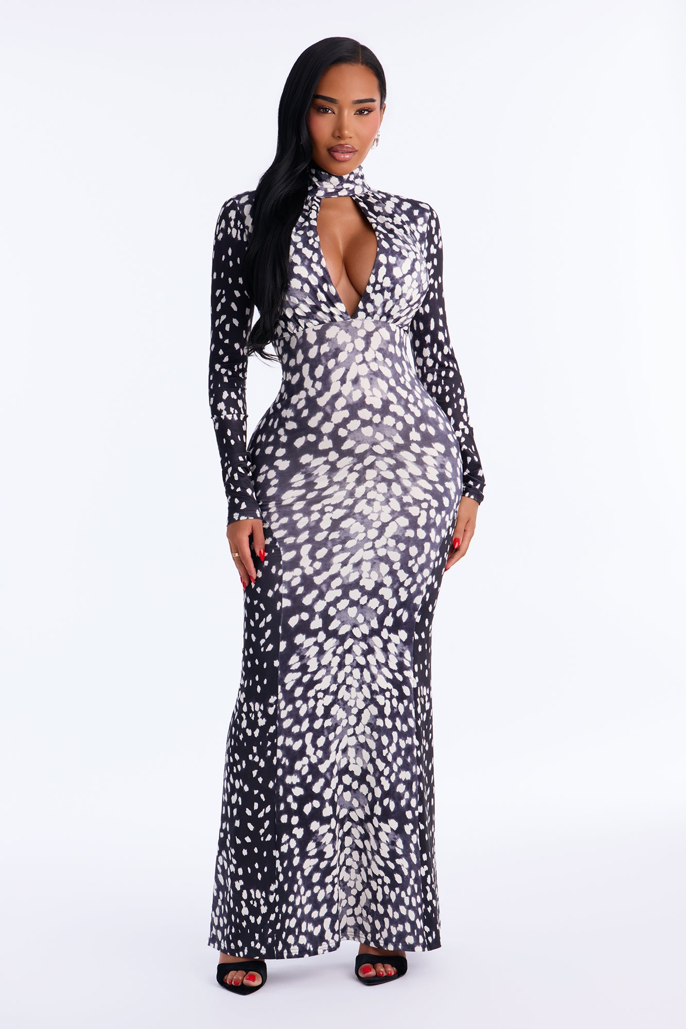 On The List Long Sleeve Maxi Dress - Black/combo