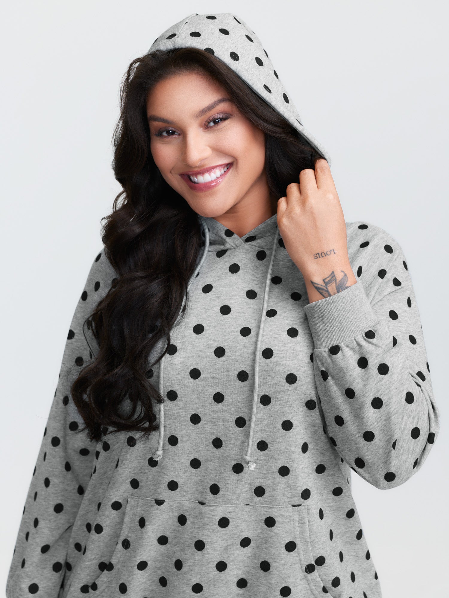 Polka Dot Drawstring Neck Hoodie
