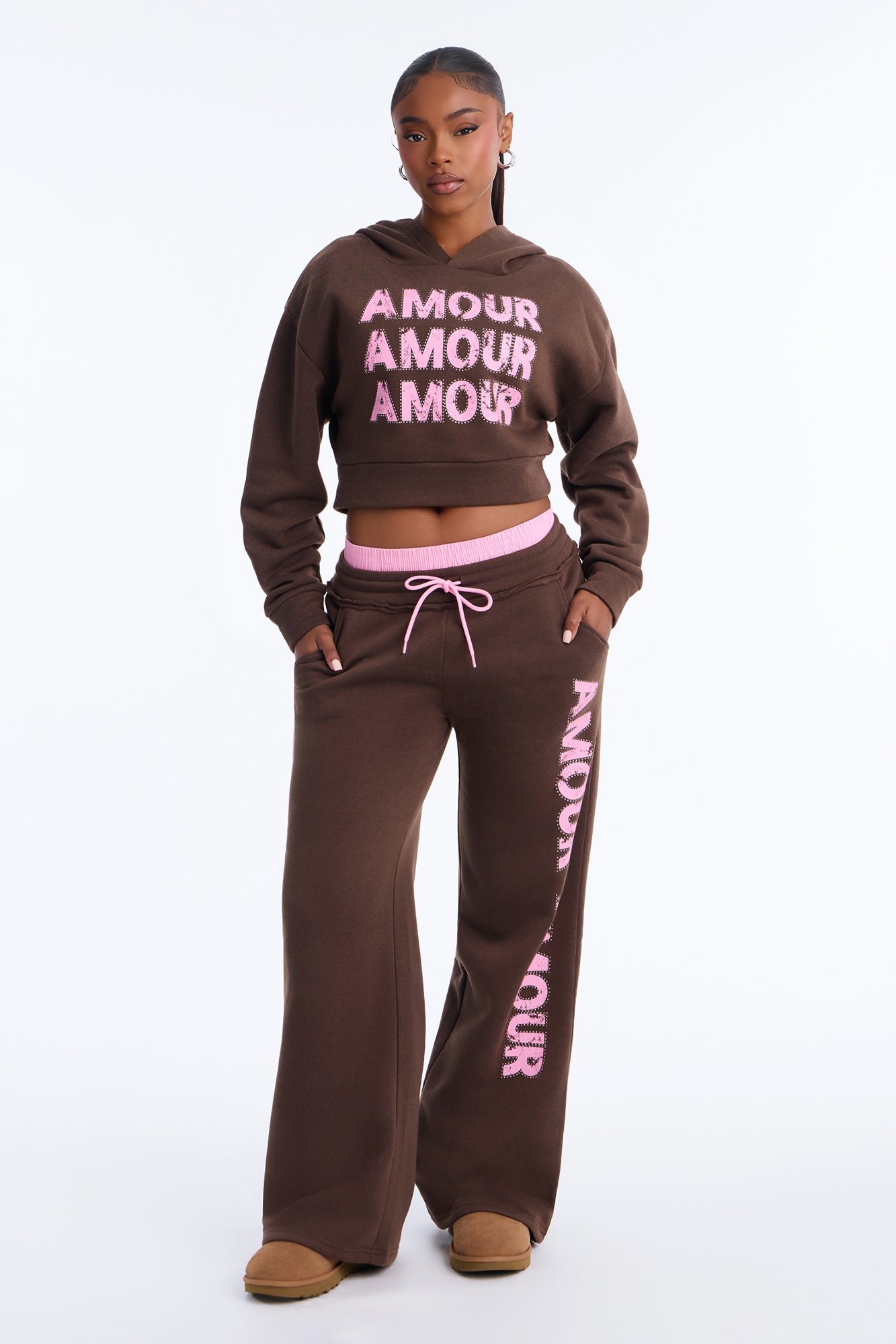 Couture Chill Double Waist Fleece Pant Set - Chocolate/Combo
