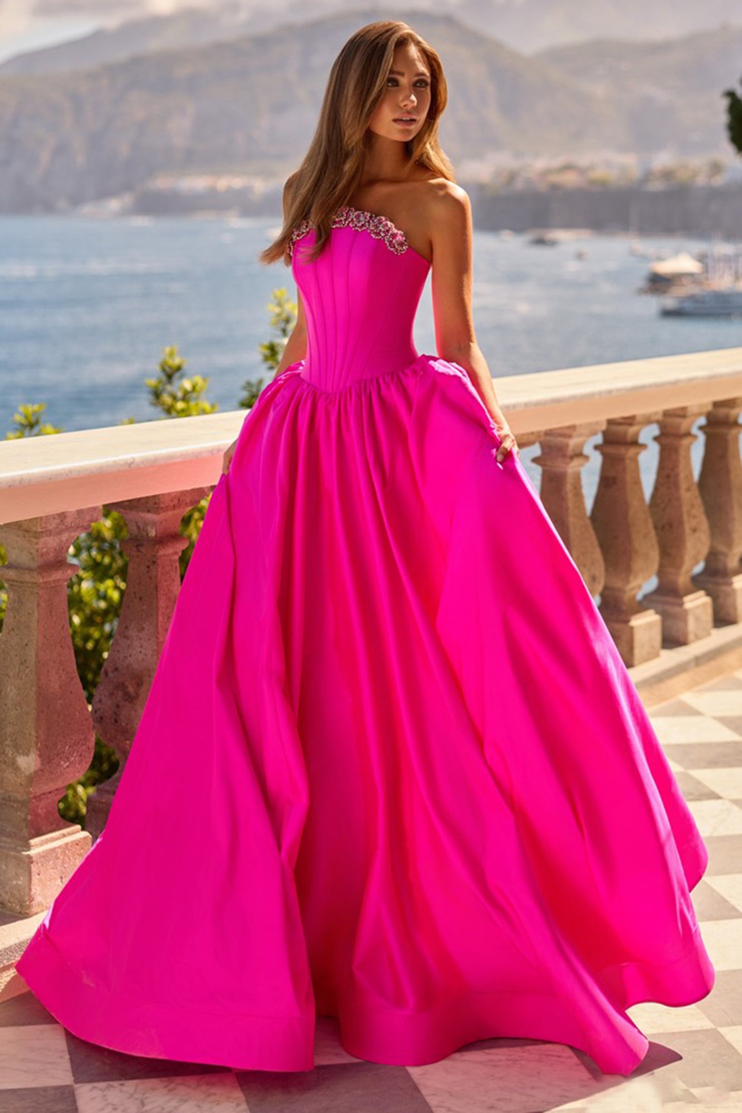 Sherri Hill 67229 Beaded Floral Accent Strapless Prom Gown
