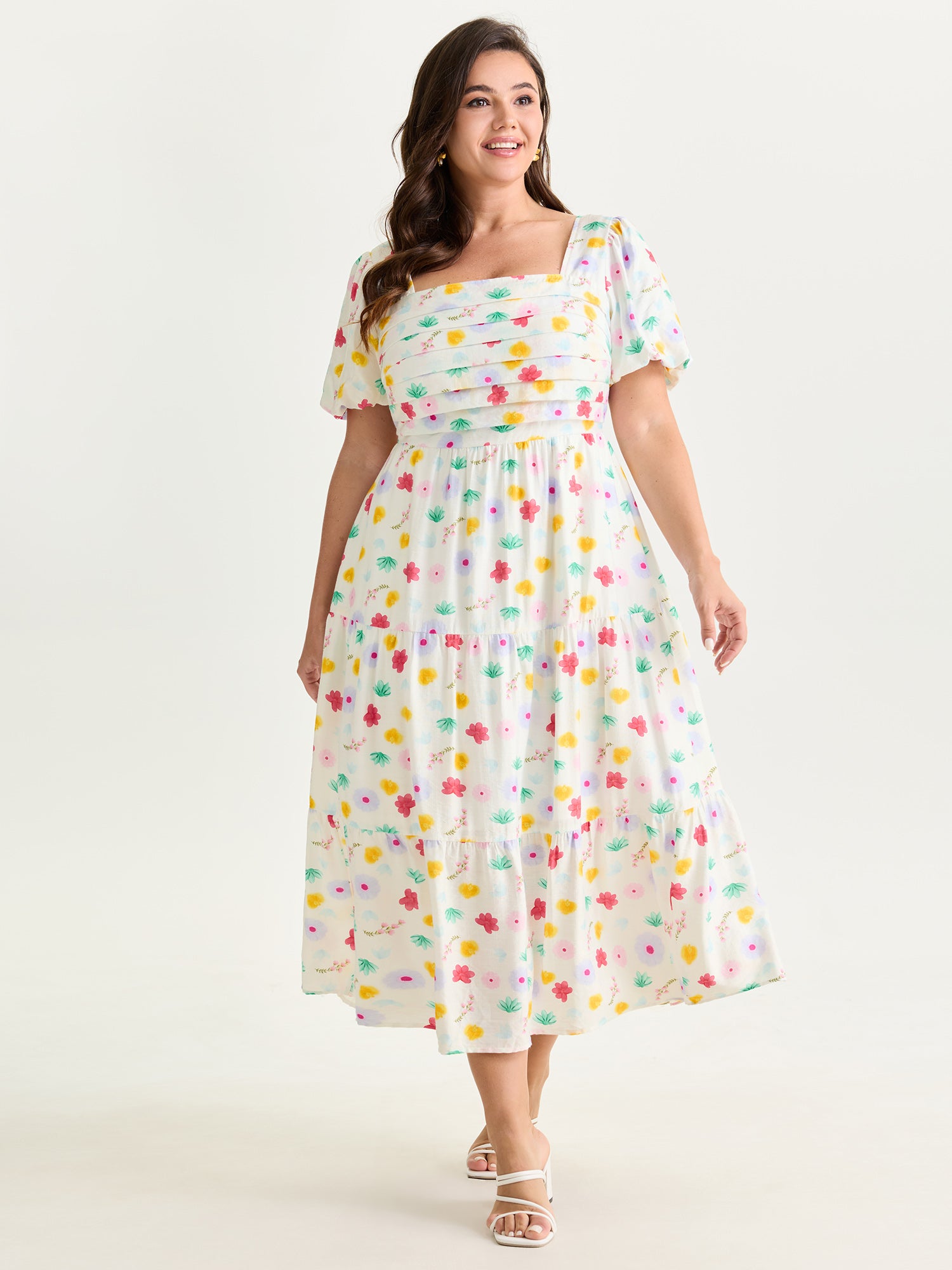 Playful Floral Print Pleated Flowy Midi Dress