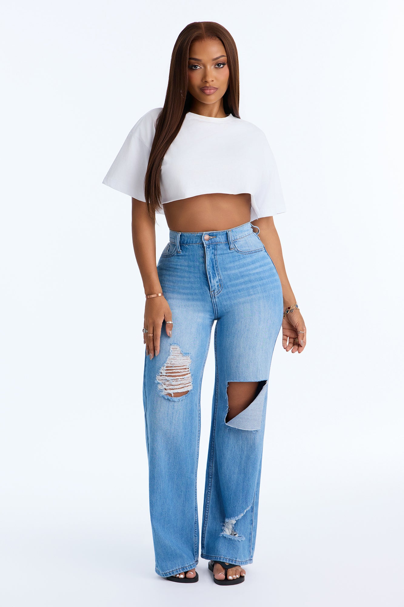 Summer Ending High Rise Ripped Wide Leg Jeans - Light Wash