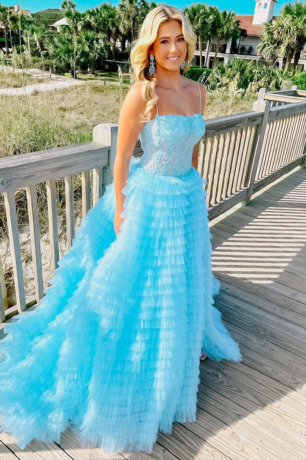 Blue Corset Prom Dress with Spaghetti Straps and Ruffles in A-Line Style