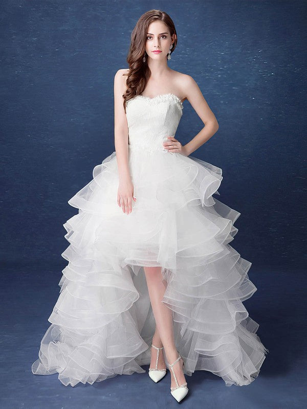 Sexy Tiered Hi-Lo A-Line Sweetheart Strapless Organza Wedding Dresses