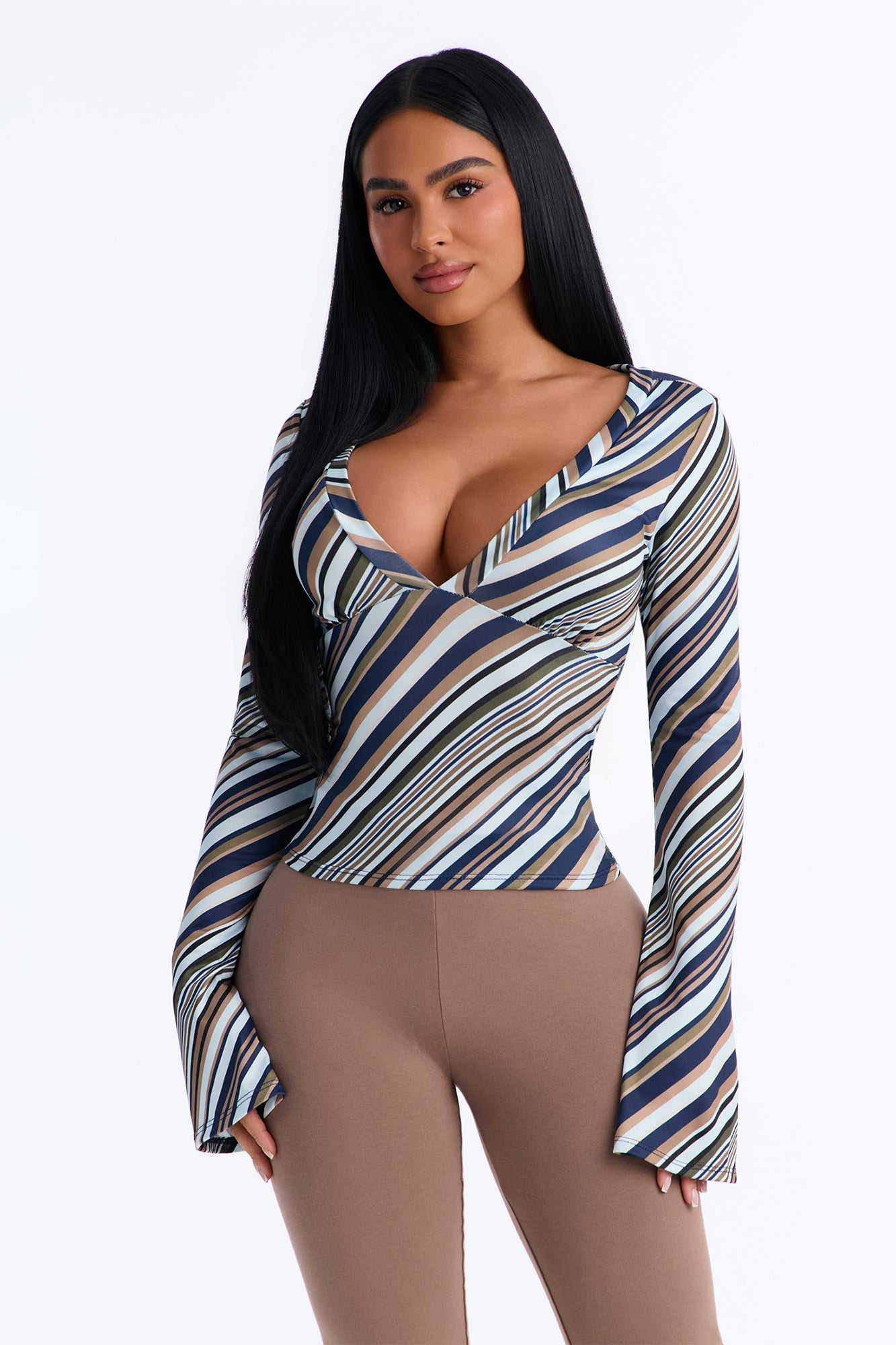 Clarke Striped V-Neck Long Sleeve Top - Blue/combo