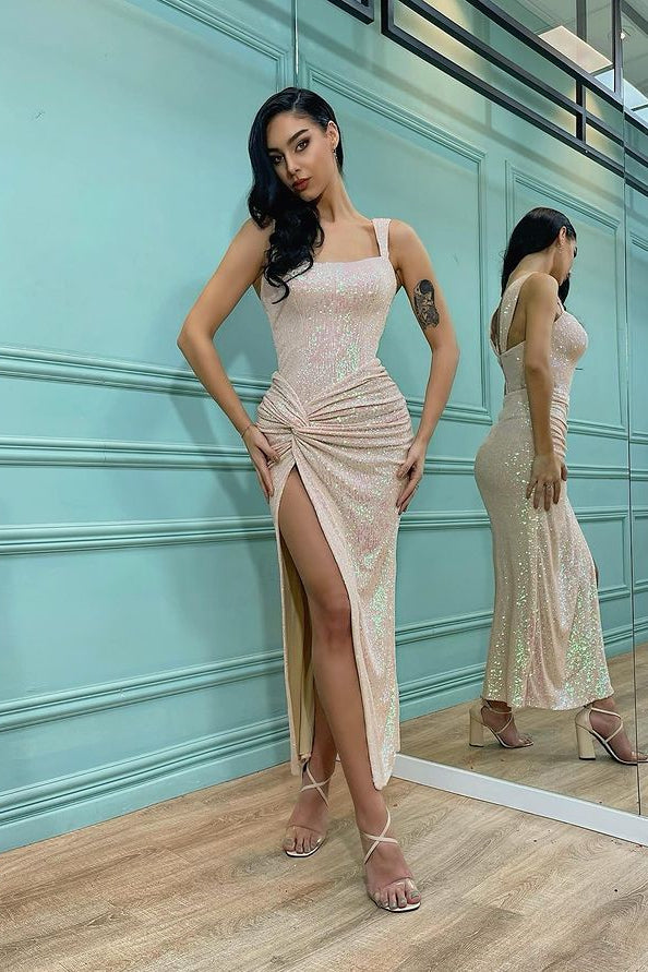 Mermaid Elegant Shoulder Straps Sequins Evening Dress With Split