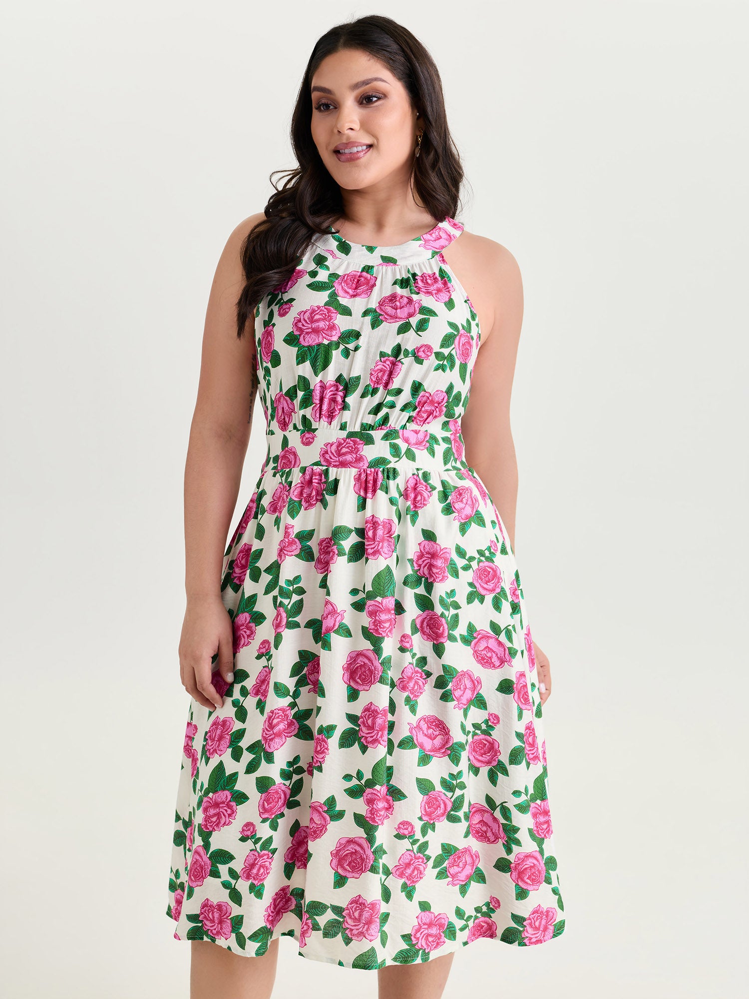 Floral Print Halter Neckline Fit And Flare Midi Dress