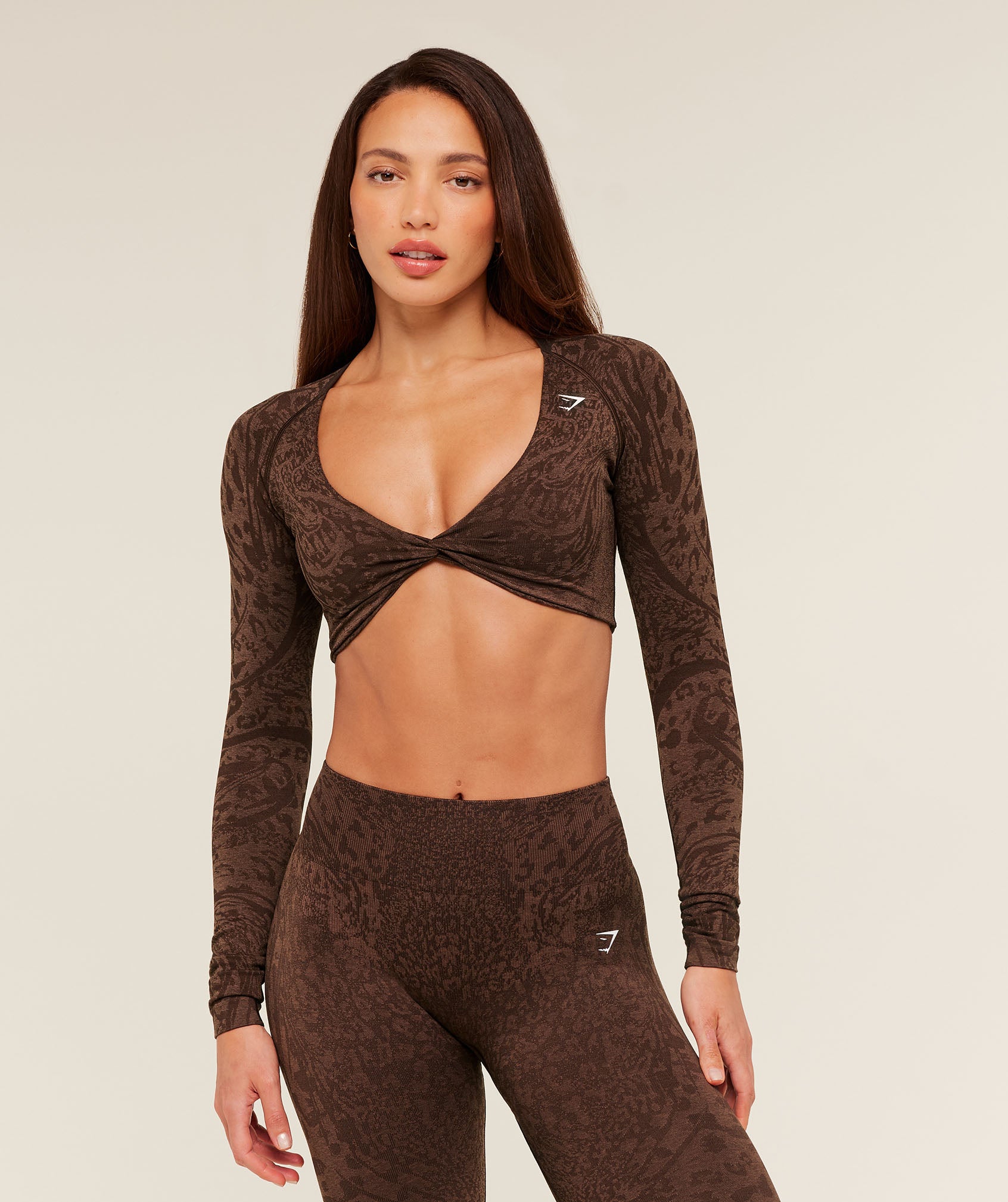 Gymshark Adapt Animal Long Sleeve Crop Top - Archive Brown/Soft Brown