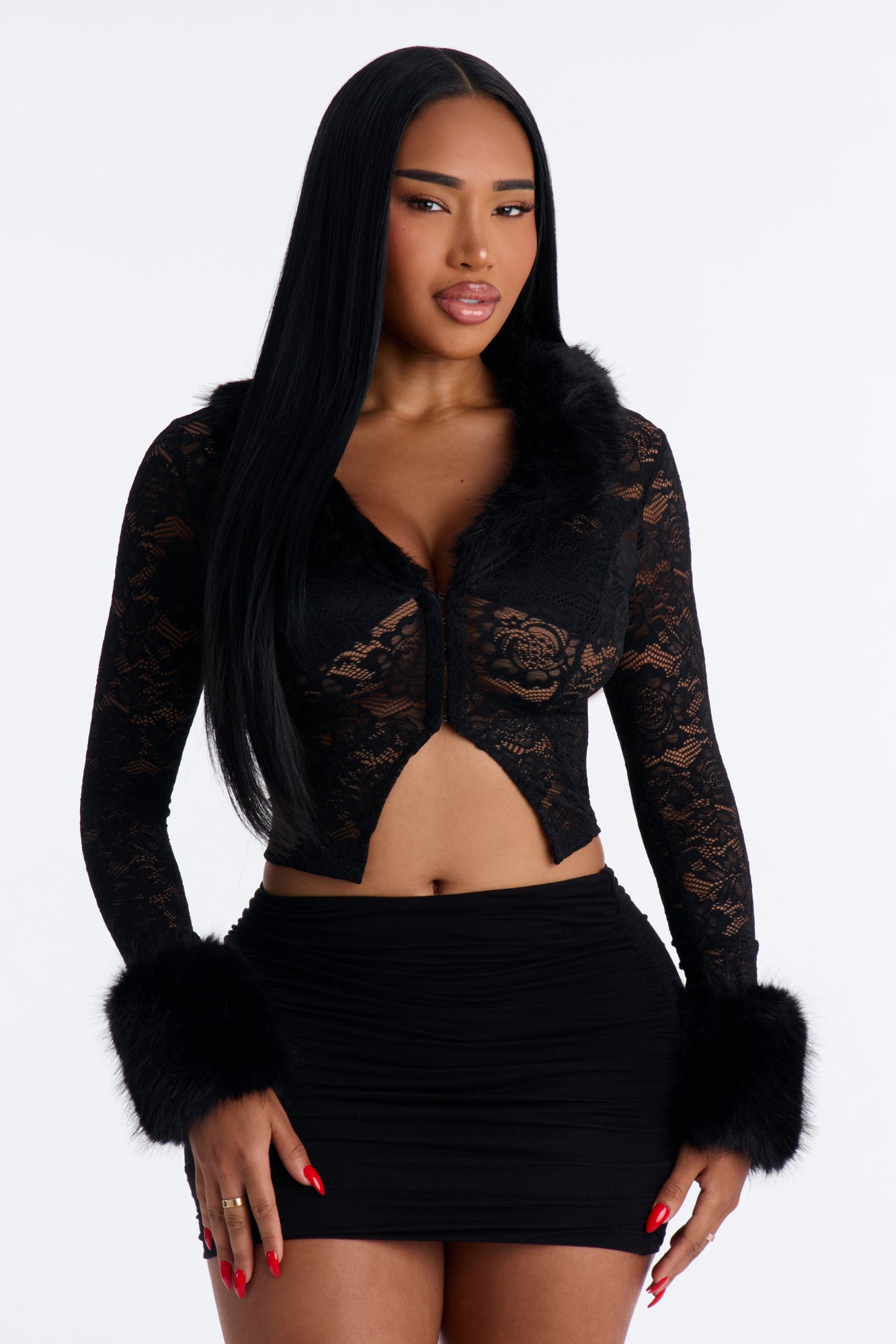 Delilah Fur Trim Skirt Set - Black