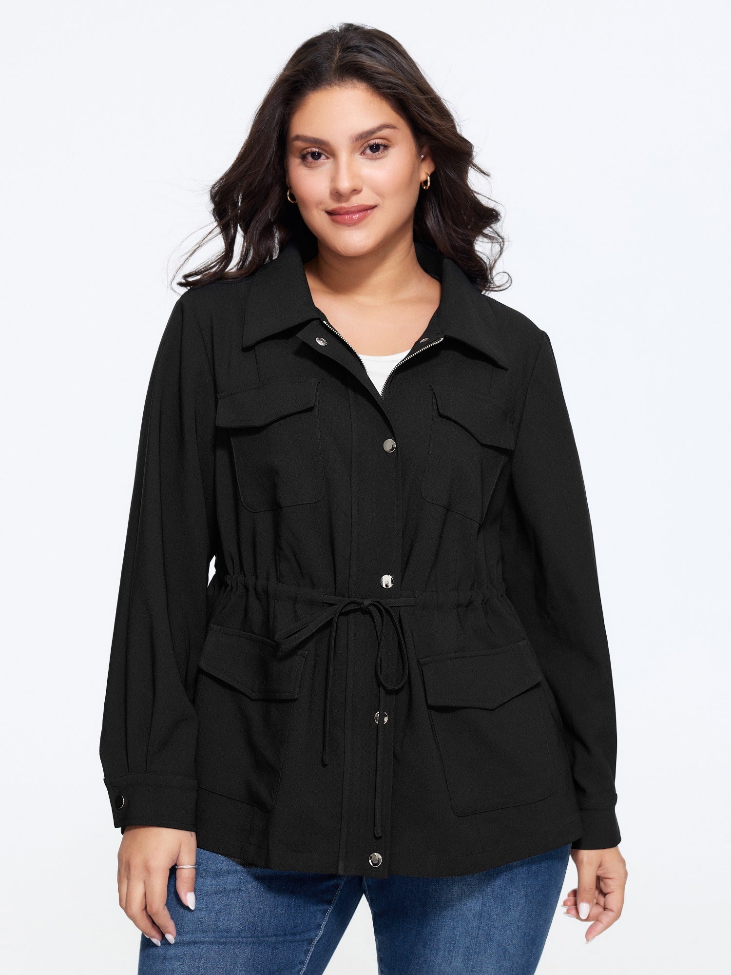Drawstring Waist Zip‑Up Button Down Jacket