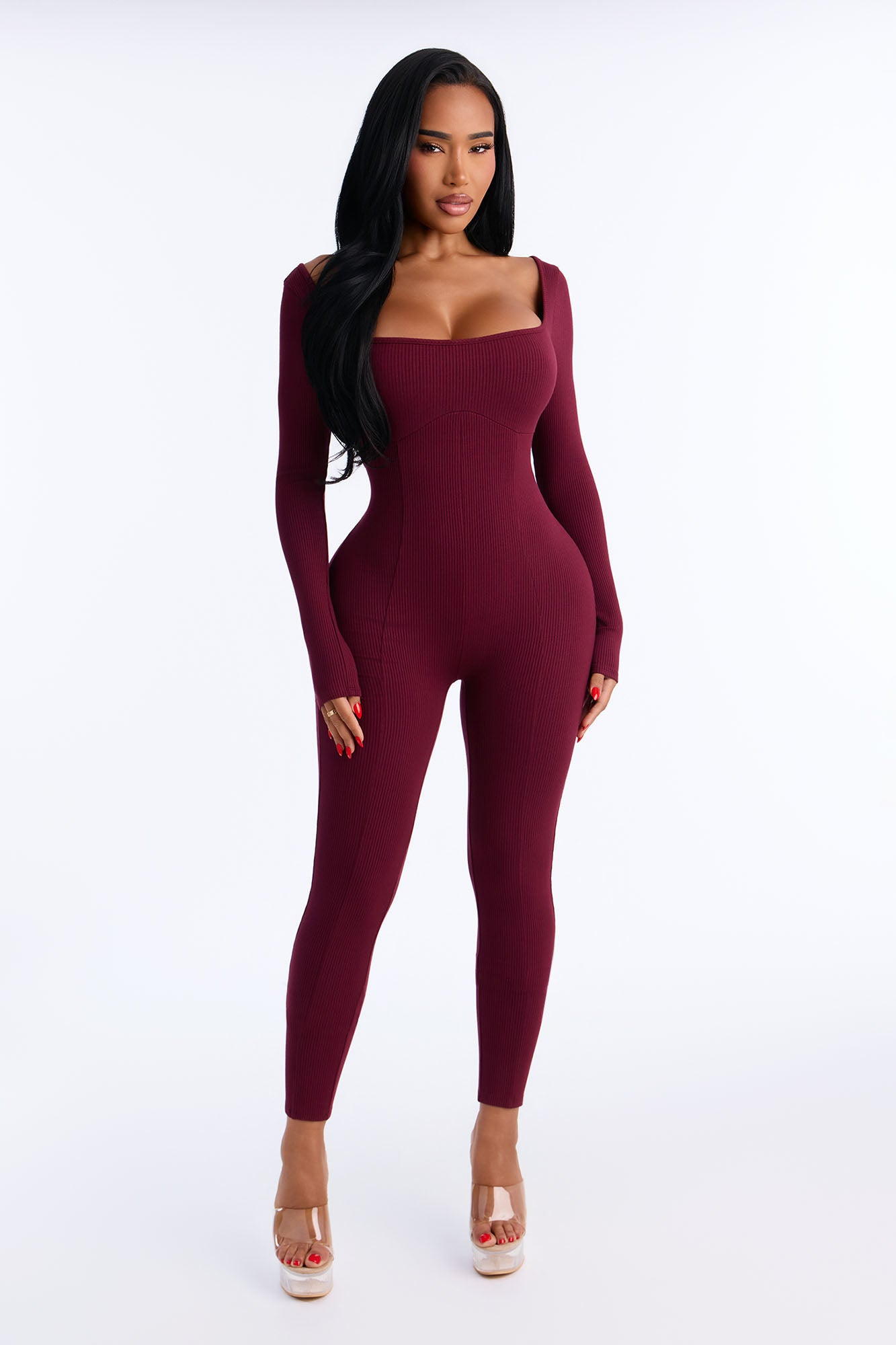 Joanne Snatched Skinny Leg Jumpsuit - Burgundy
