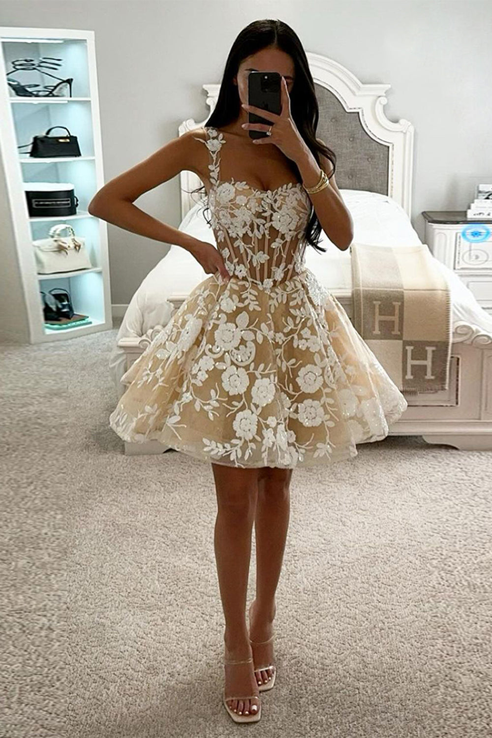 Sparkly Corset Champagne Floral A-Line Short Homecoming Dress/Mini Dress