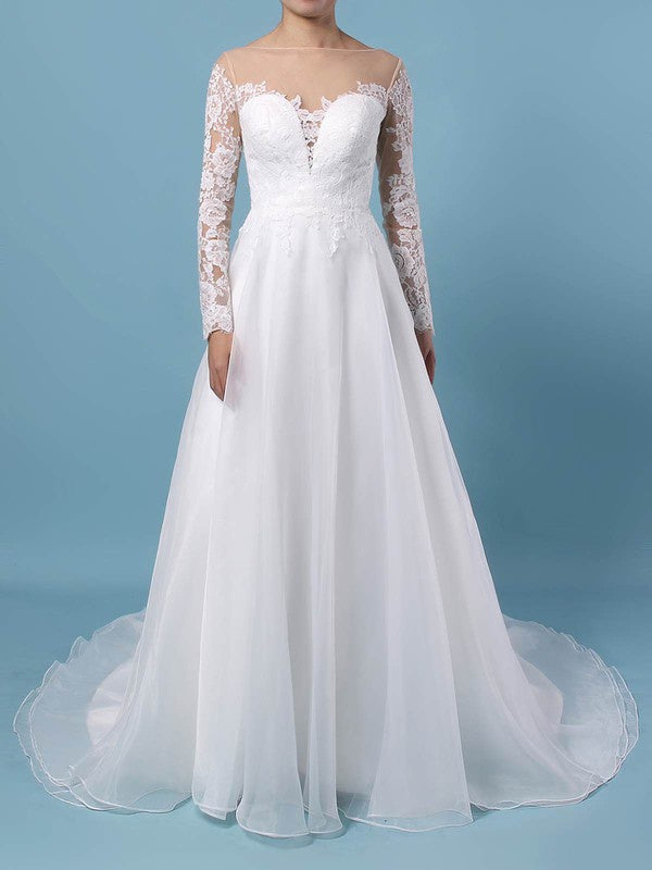 Exquisite Bateau Long Sleeves Organza Court Train Wedding Dresses