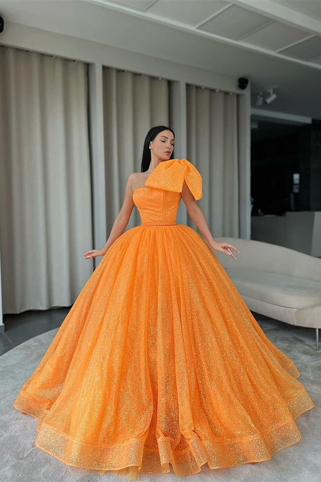 One-Shoulder Orange Ball Gown Evening Dress With Sequins