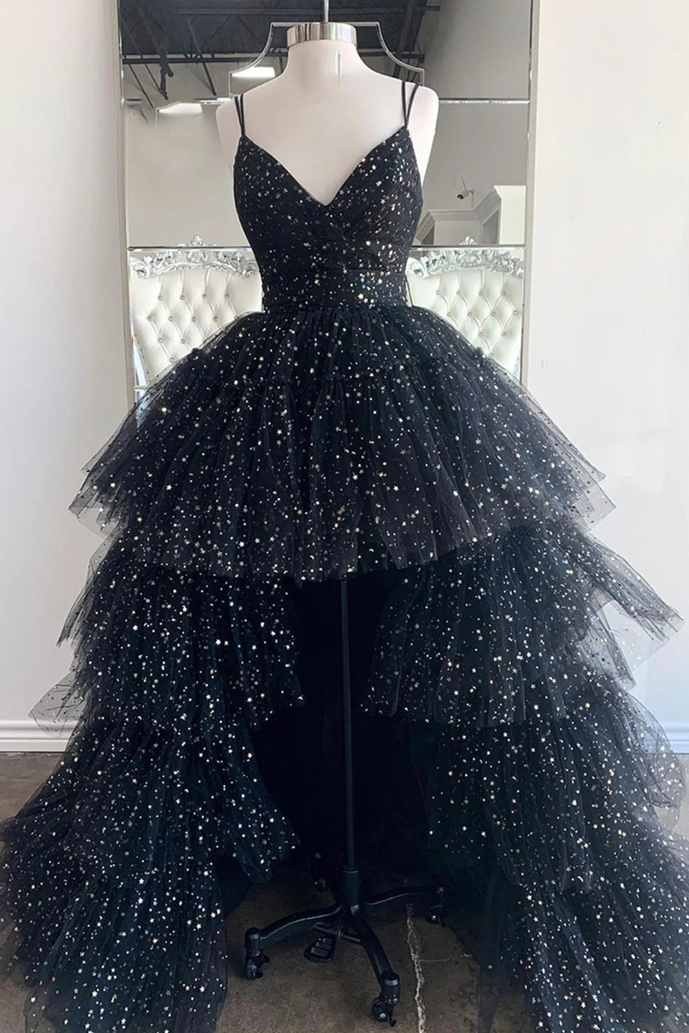 Black Long Prom Dress with High Low Hem and Spaghetti Straps Featuring Ruffles