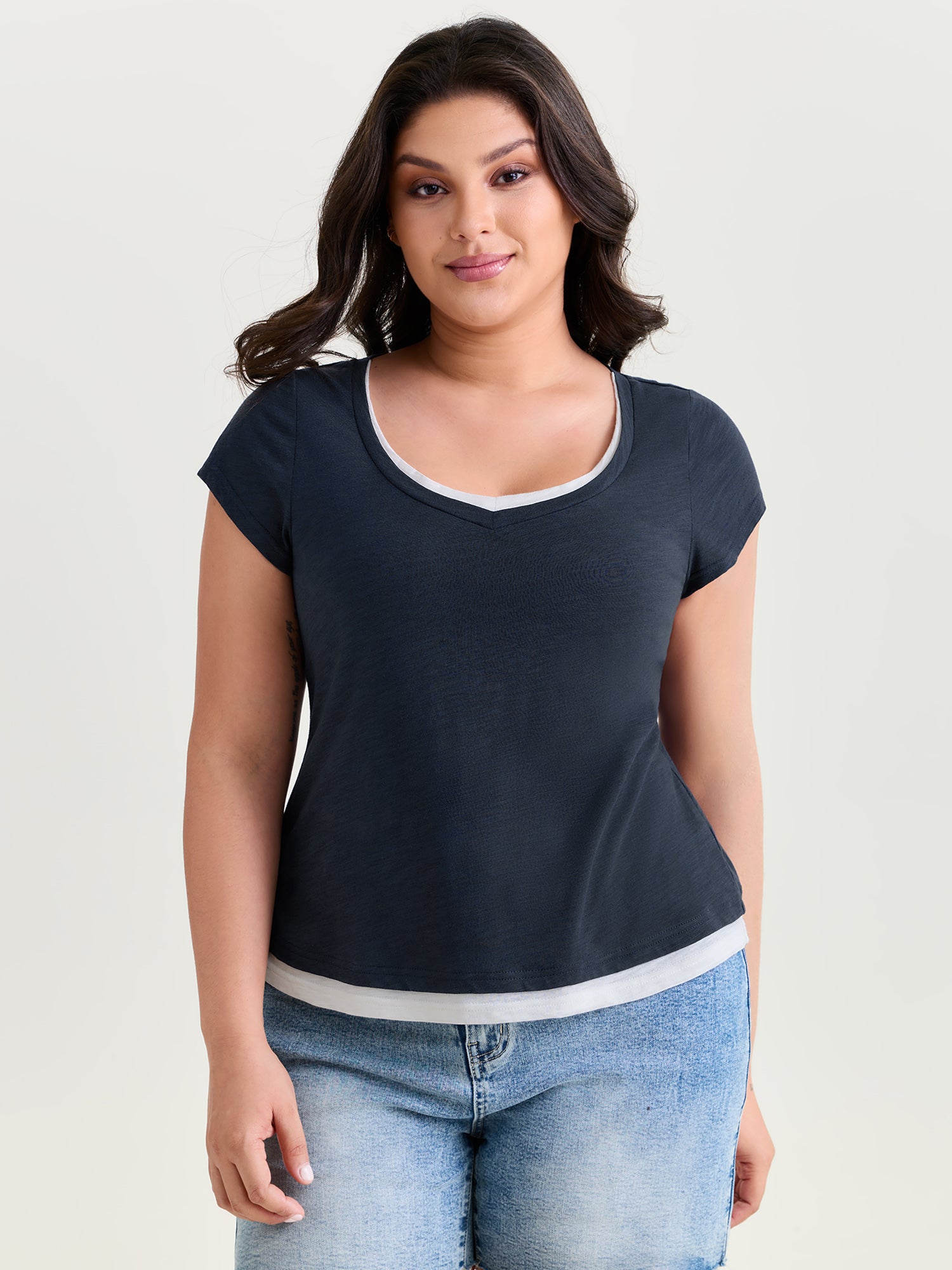 Cotton Stretchy Color Contrast Fitted T-Shirt
