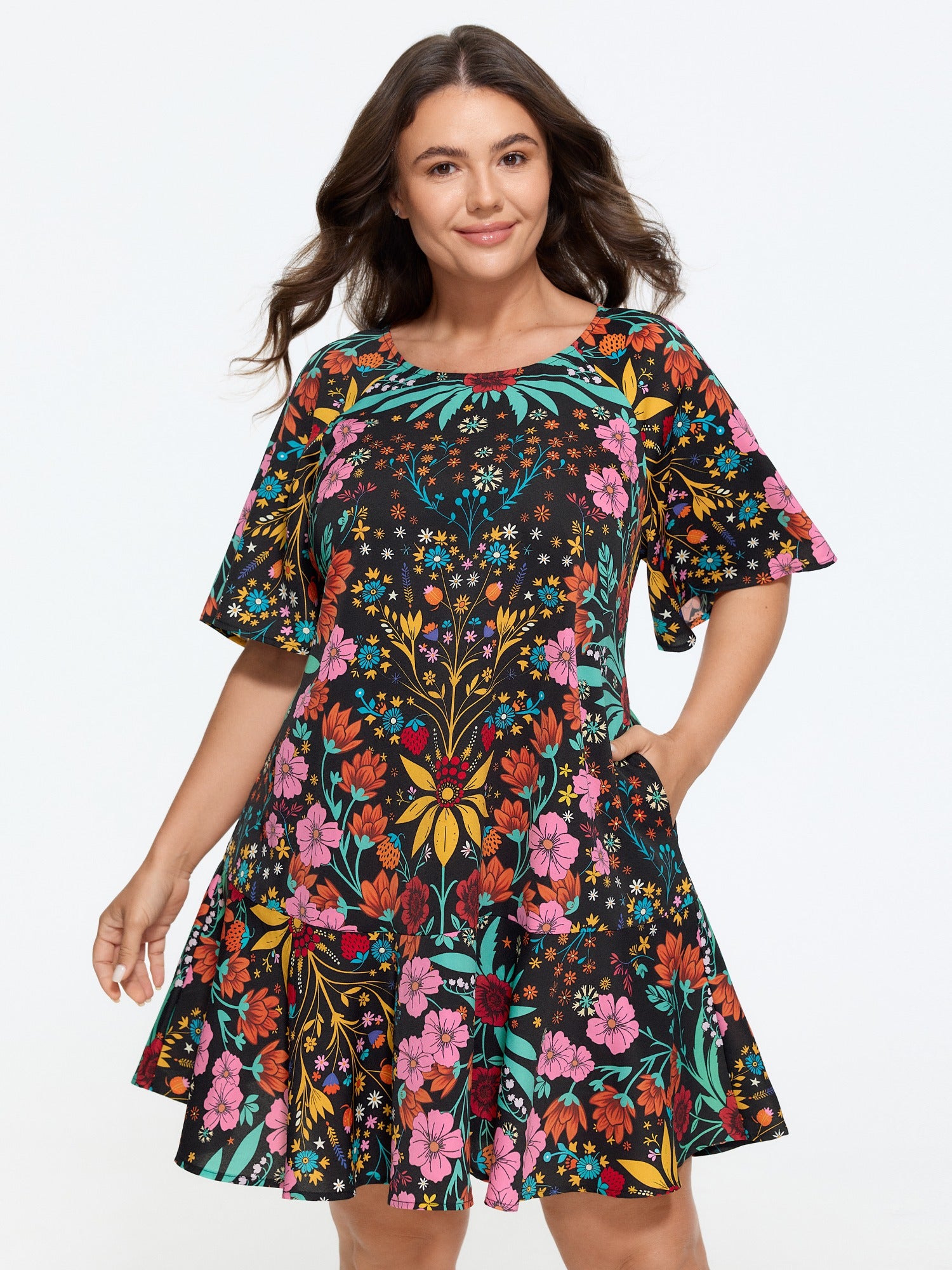 Vibrant Floral Print Round Neck Mini Dress