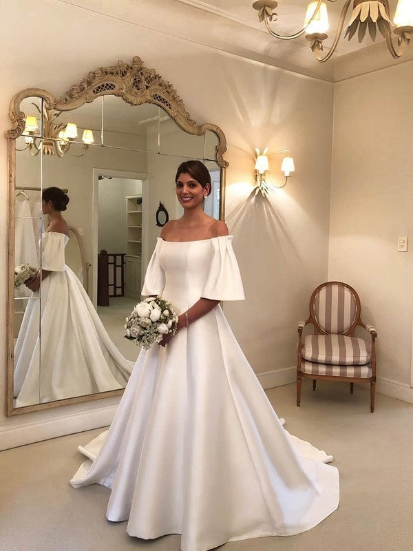 Classic Off-The-Shoulder Half Sleeves Satin Ball Gown Wedding Dresses with Court Train