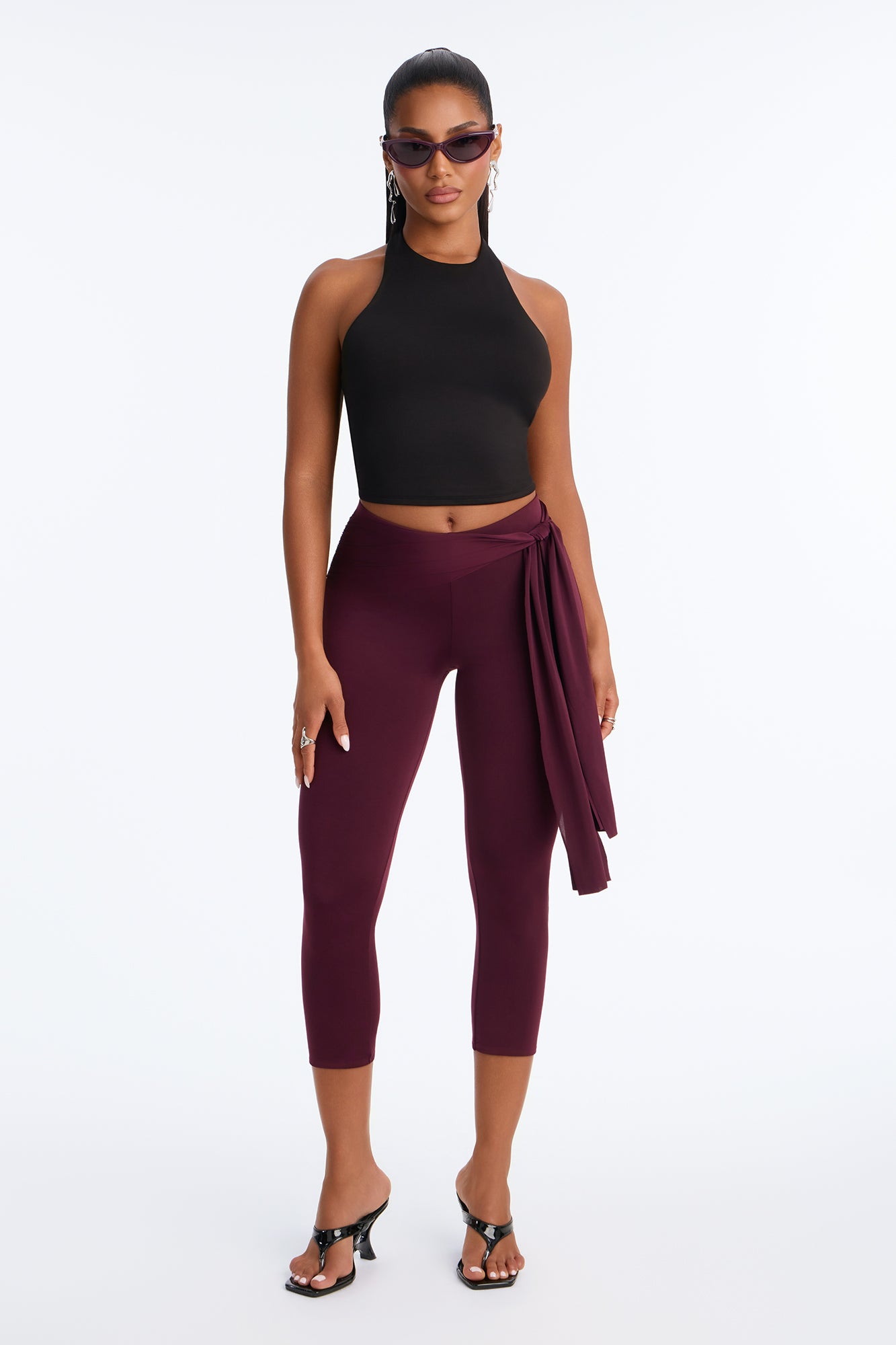Avery High Rise Tie Waist Capri Legging - Plum