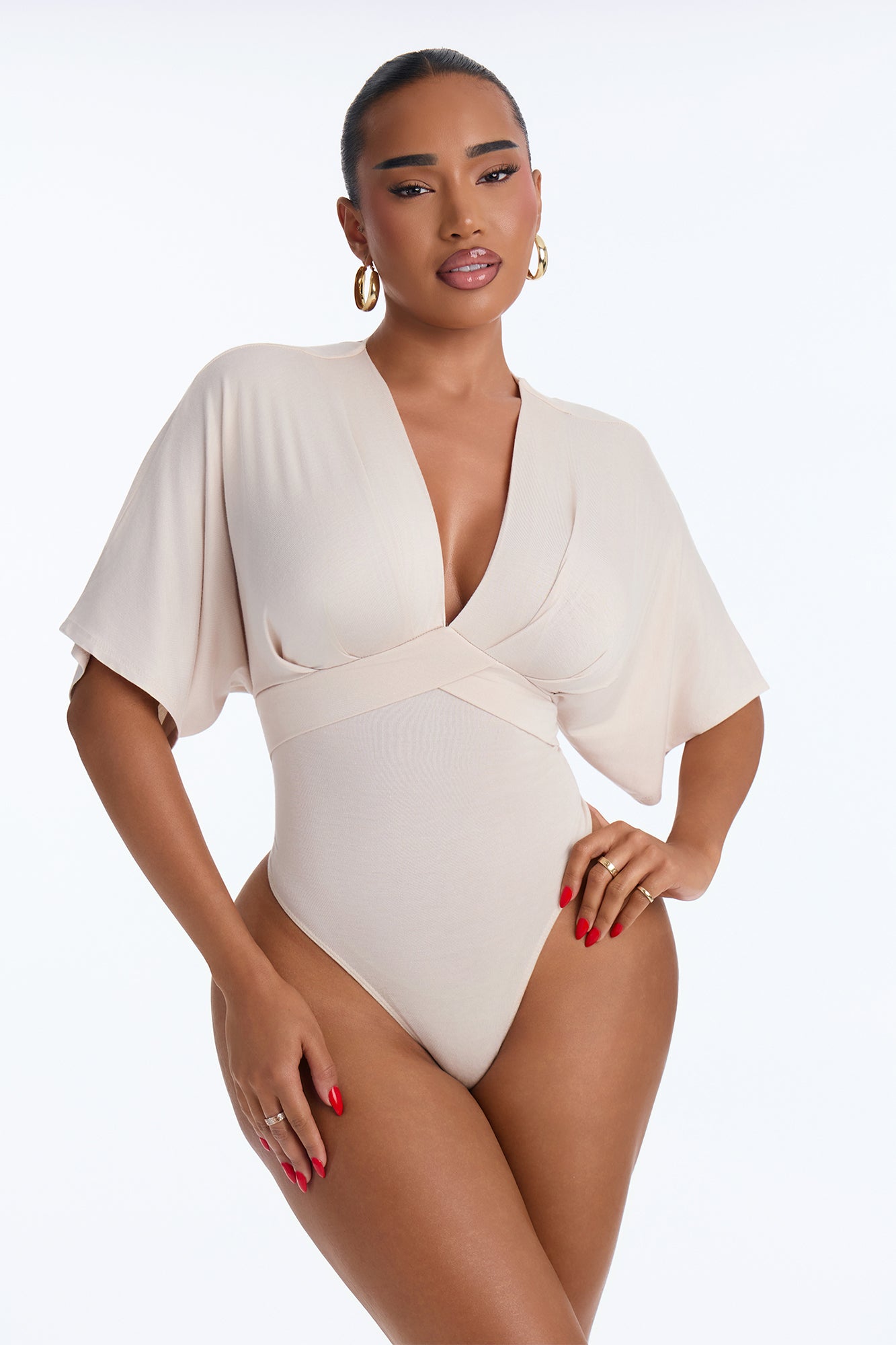 Free Spirit Ruched Short Sleeve Bodysuit - Beige