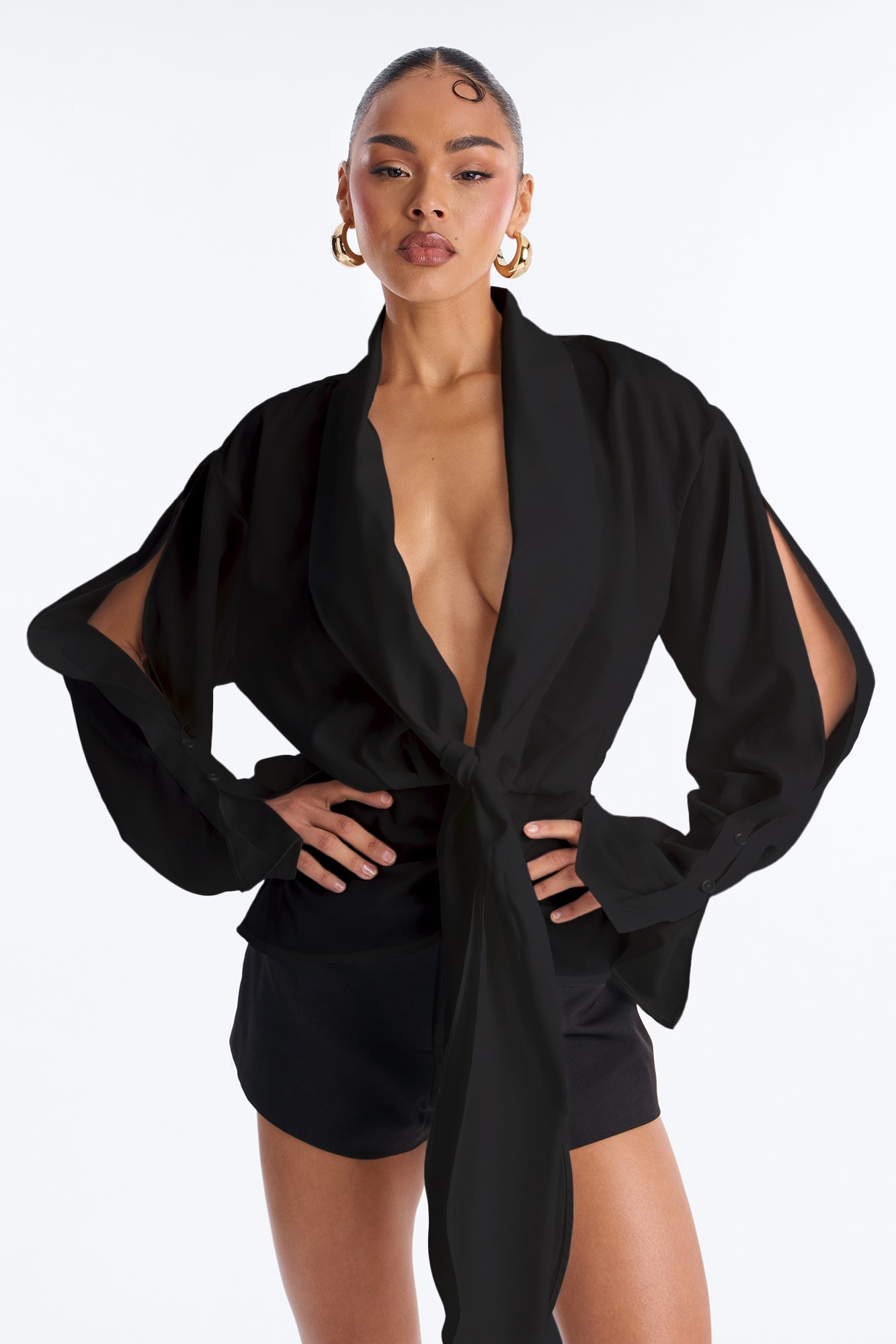 Just Like That Ruched V Neck Chiffon Blouse - Black