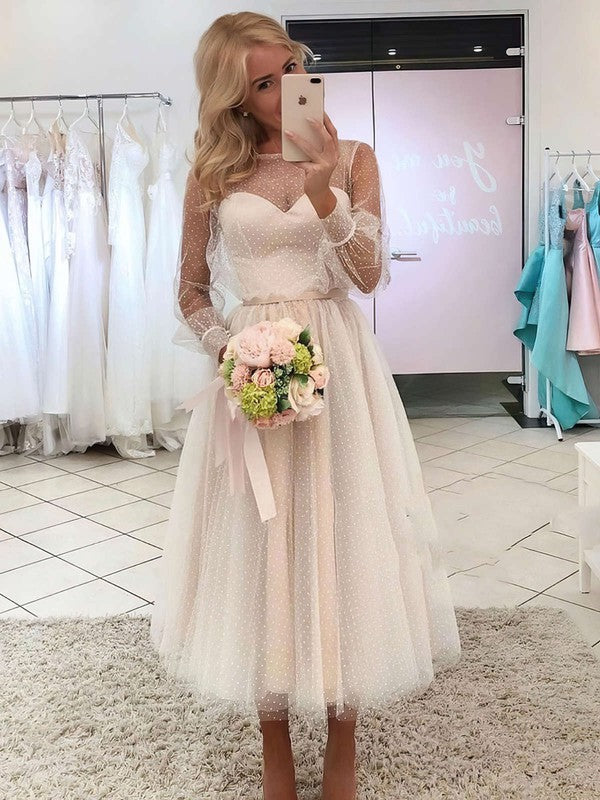Stylish Tea-Length Long Sleeves Tulle Wedding Dresses with Ribbon