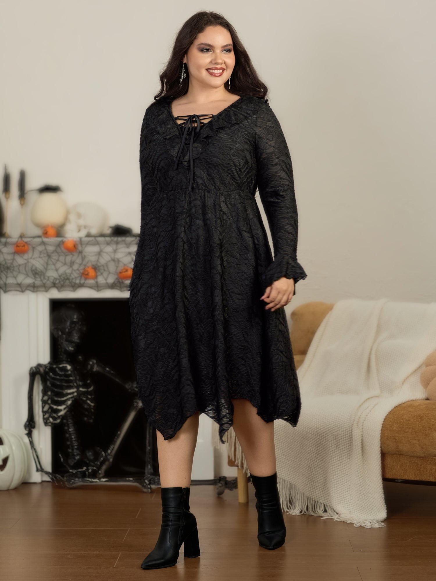 Textured Lace Ruffle Tie Front Irregular Hem Midi Dress
