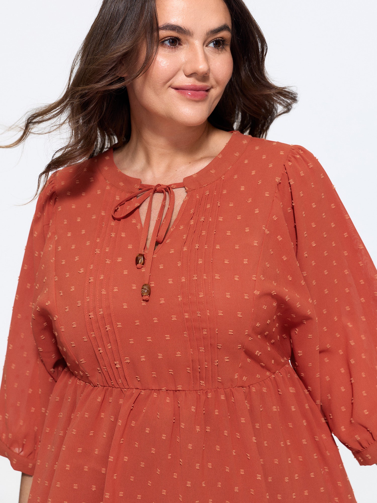 Textured V‑Neck Tie Front Pleated Blouse