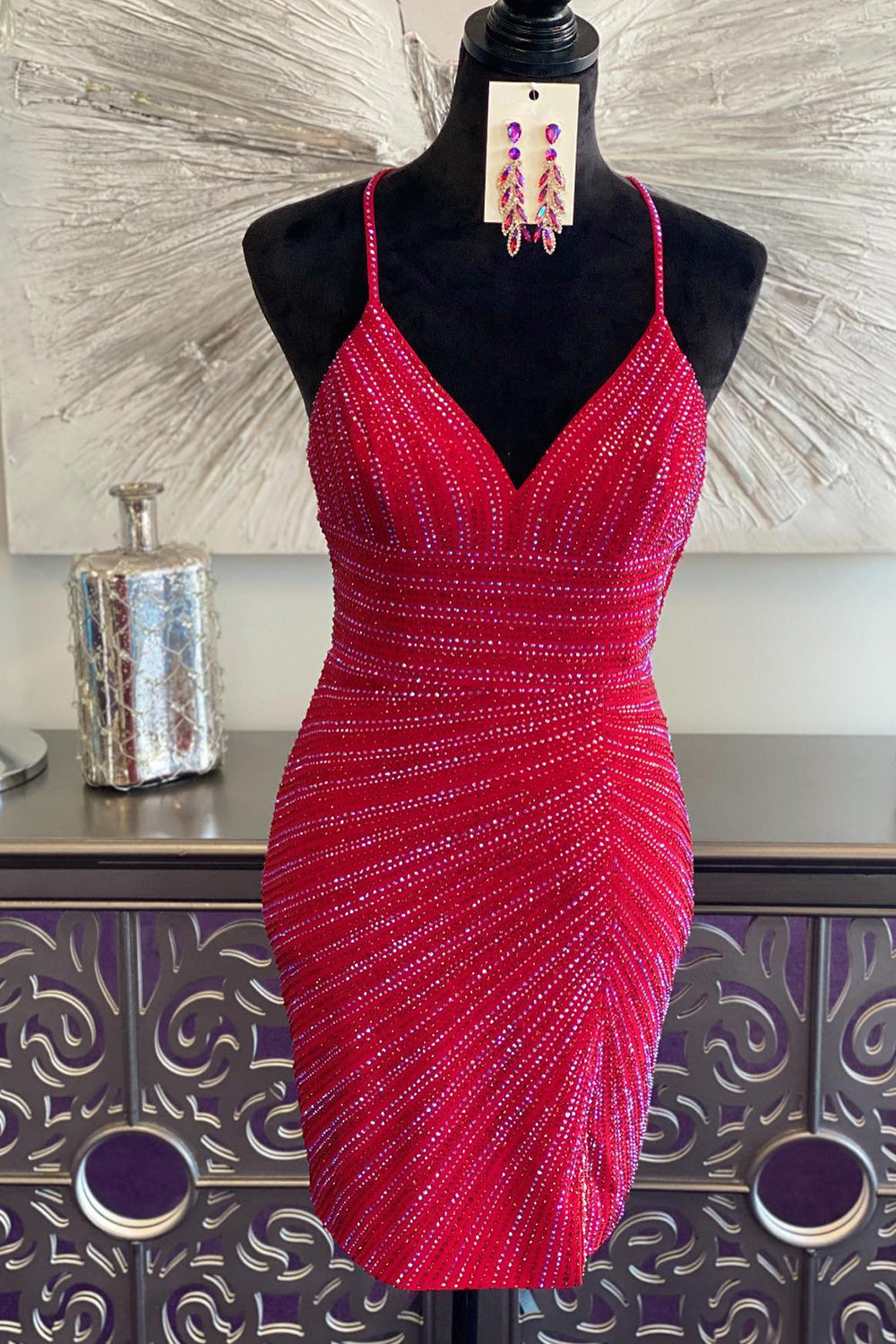 Sparkly Red Sequined Criss-Cross Back Tight Short Homecoming Dress/Mini Dress