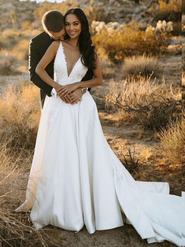 Glamorous V-Neck Sleeveless Satin Court Train Wedding Dresses with Appliques
