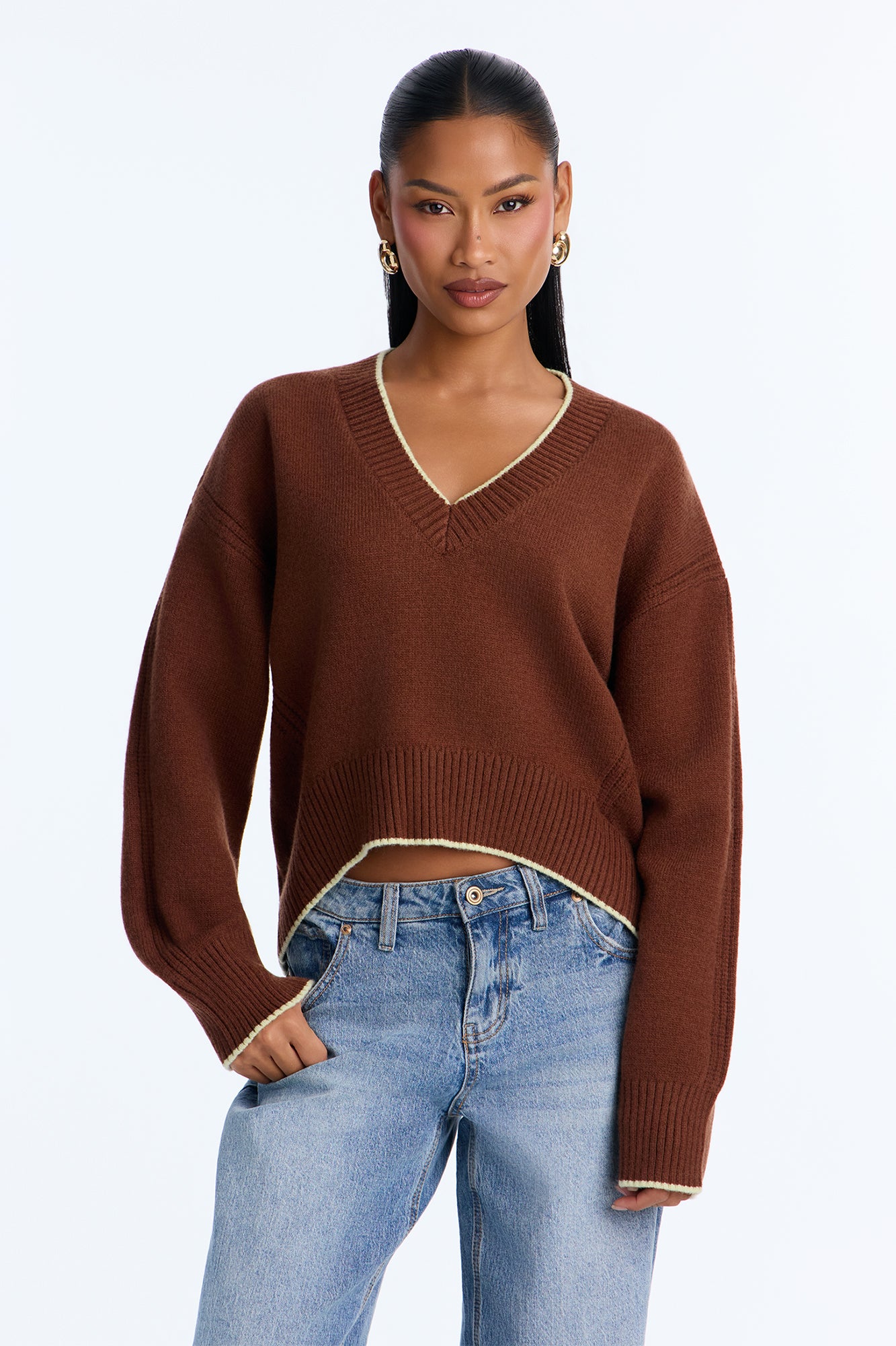 Fall Foliage Contrast Pullover Sweater - Brown/combo