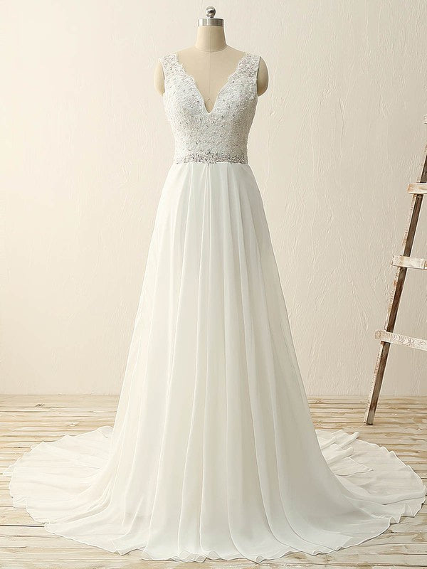 Classic A-Line V-Neck Chiffon Wedding Dresses with Sweep Train