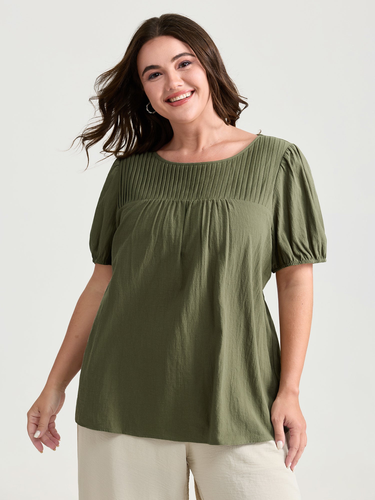 Pure Cotton Pleated Puffy Sleeve Blouse